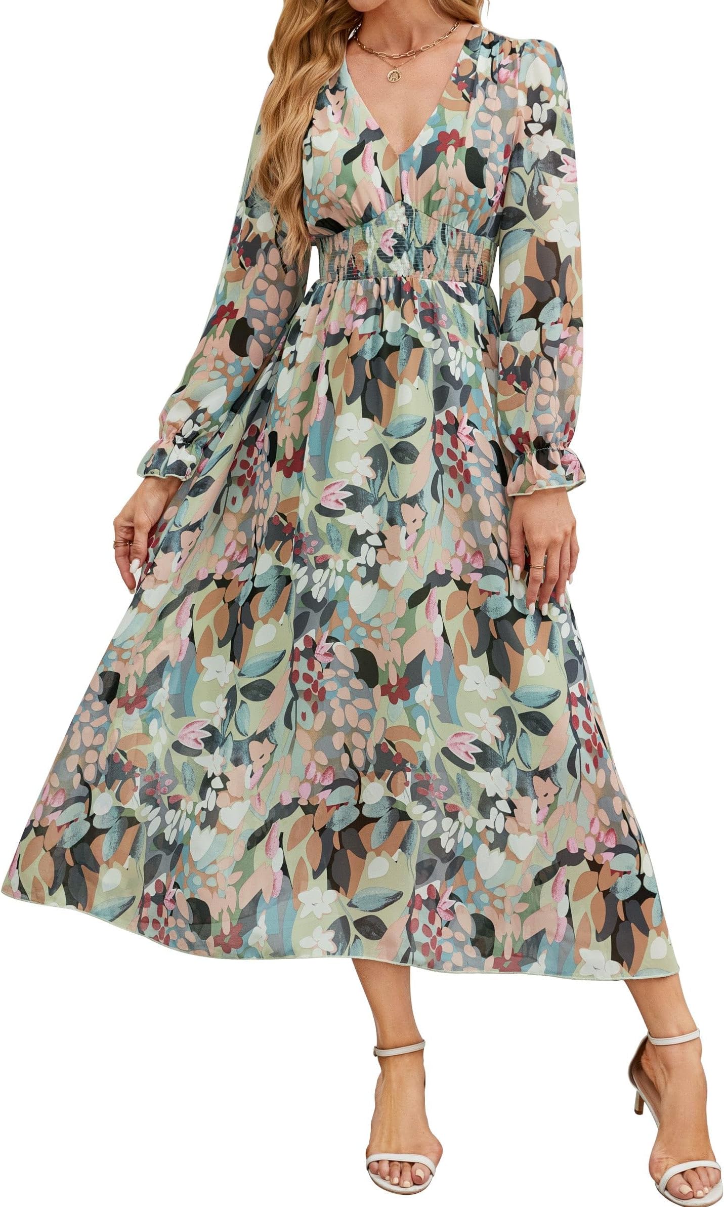 Galocmo Women 2024 Floral Maxi Dress, Casual Long Sleeve V-Neck Empire Waist Fall Dress, Flowy Boho Wedding Guest Dress