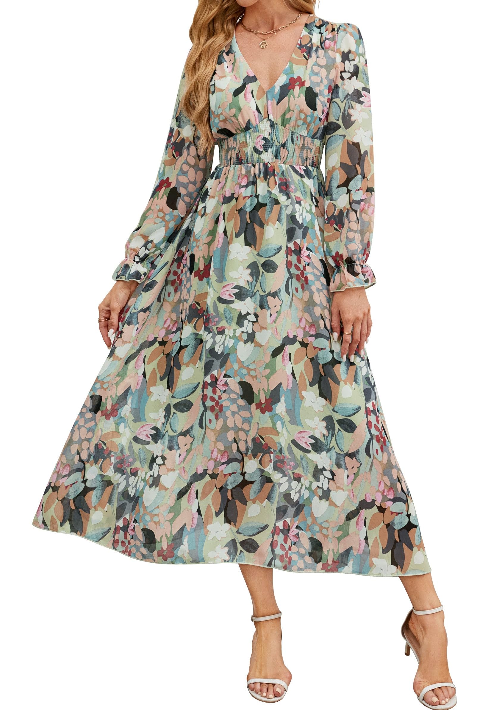 Galocmo Women 2024 Floral Maxi Dress, Casual Long Sleeve V-Neck Empire Waist Fall Dress, Flowy Boho Wedding Guest Dress