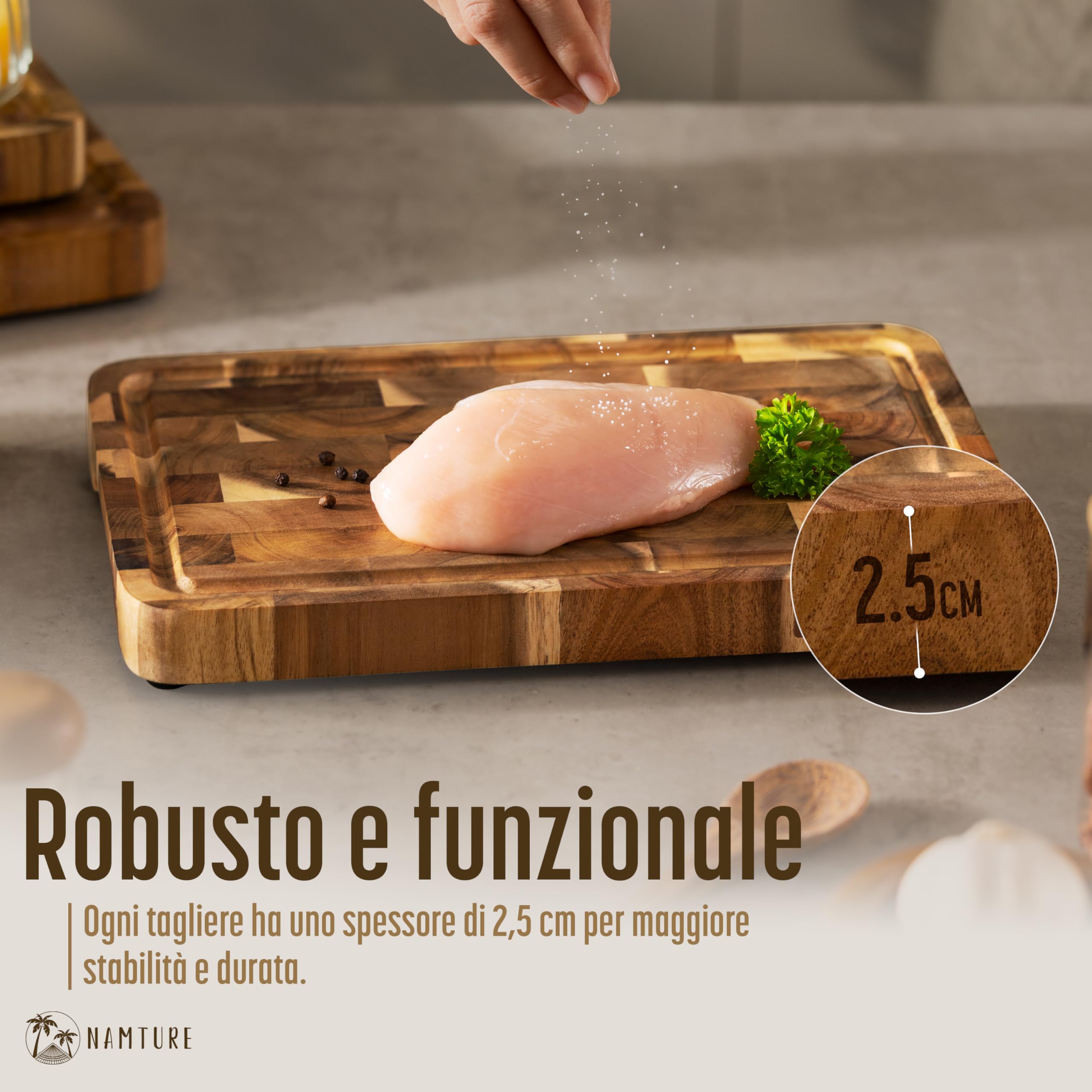Set di 3 Taglieri da Cucina in Legno di Acacia – 2,5 cm, finitura ad olio premium, canalina raccogli succhi, piedini antiscivolo & supporto – confezione regalo
