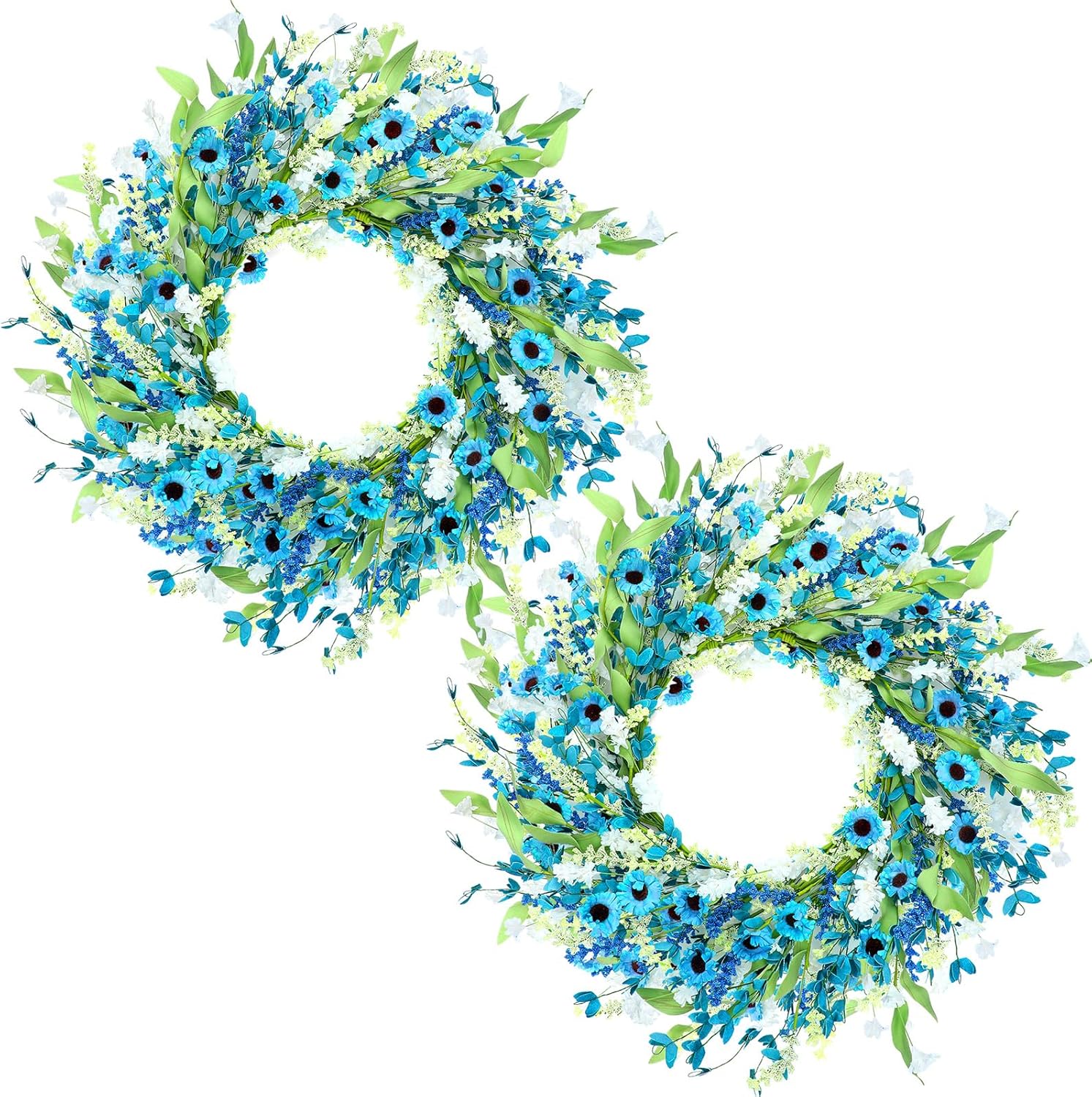 Hotop 2 Pcs Spring Summer Door Wreath for Front Door 22'' Artificial Blue Daisy Wildflower Big Faux Spring Floral Flower Wreath for Indoor Outdoor Home Wedding Party Decor