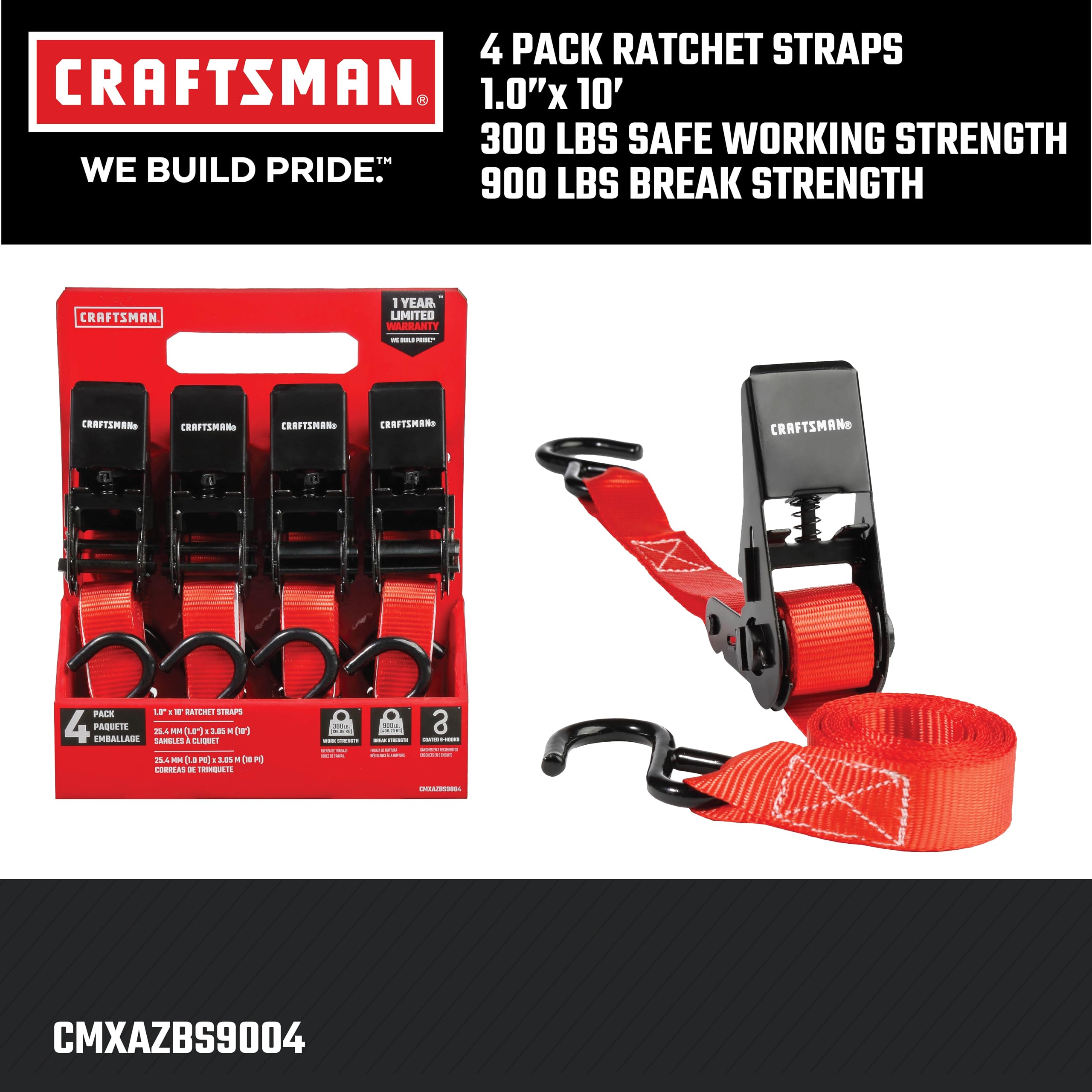 CRAFTSMAN CMXAZBS9004 - Cinghie di fissaggio a cricchetto, 2,5 cm x 2,5 m, leggere (resistenza alla rottura 408,2 kg), confezione da 4