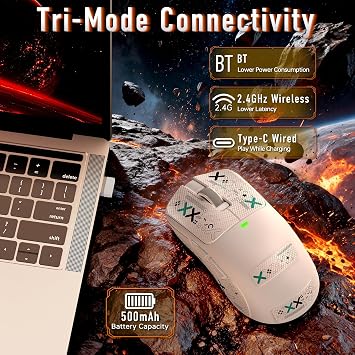 AJ200NLMC AI Gaming Mouse,61g Lightweight Tri-Mode Wireless Mouse with NearLink Tech & PAW3311 Sensor,Built-in AI Game Analyzer&Training Coach,24K DPI,500mAh Battery,RGB for PC/FPS White&Griptape