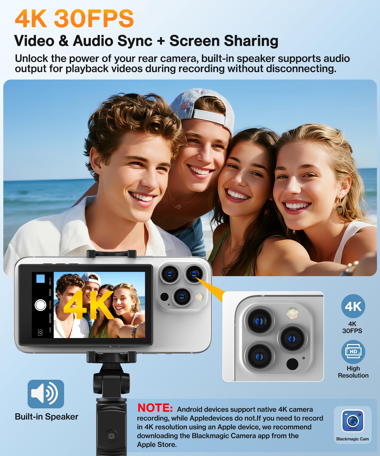 Phone Vlog Selfie Monitor Screen, Axrye Caméra arrière sans fil 1080P avec fixation magnétique et télécommande, haut-parleur intégré, compatible avec iOS, Android, YouTube, TikTok, streaming en direct
