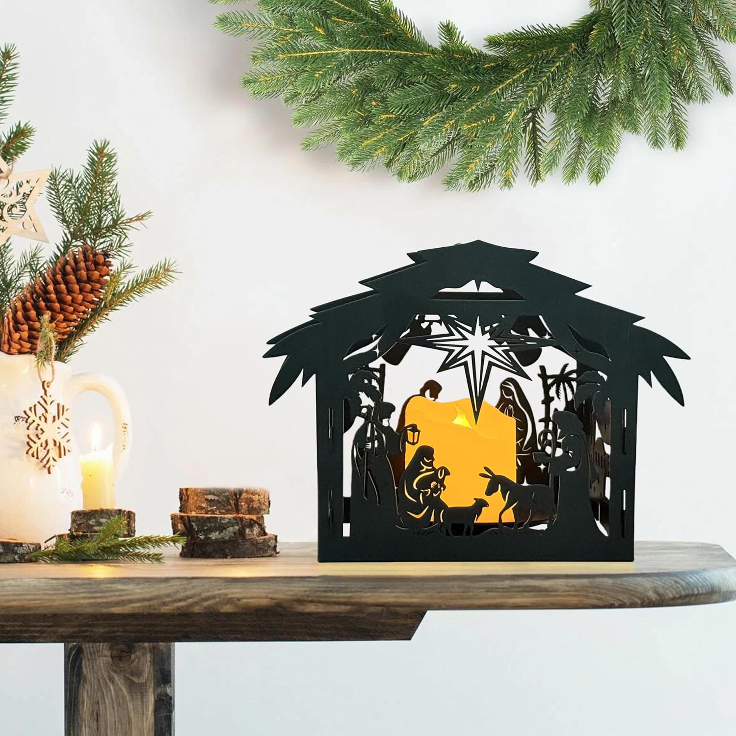 Advent Christmas Metal Candle Holder, Nativity Scene Decor, Christ Holy Family Candlestick, Nativity Set for Christmas Home Church Table (Black)