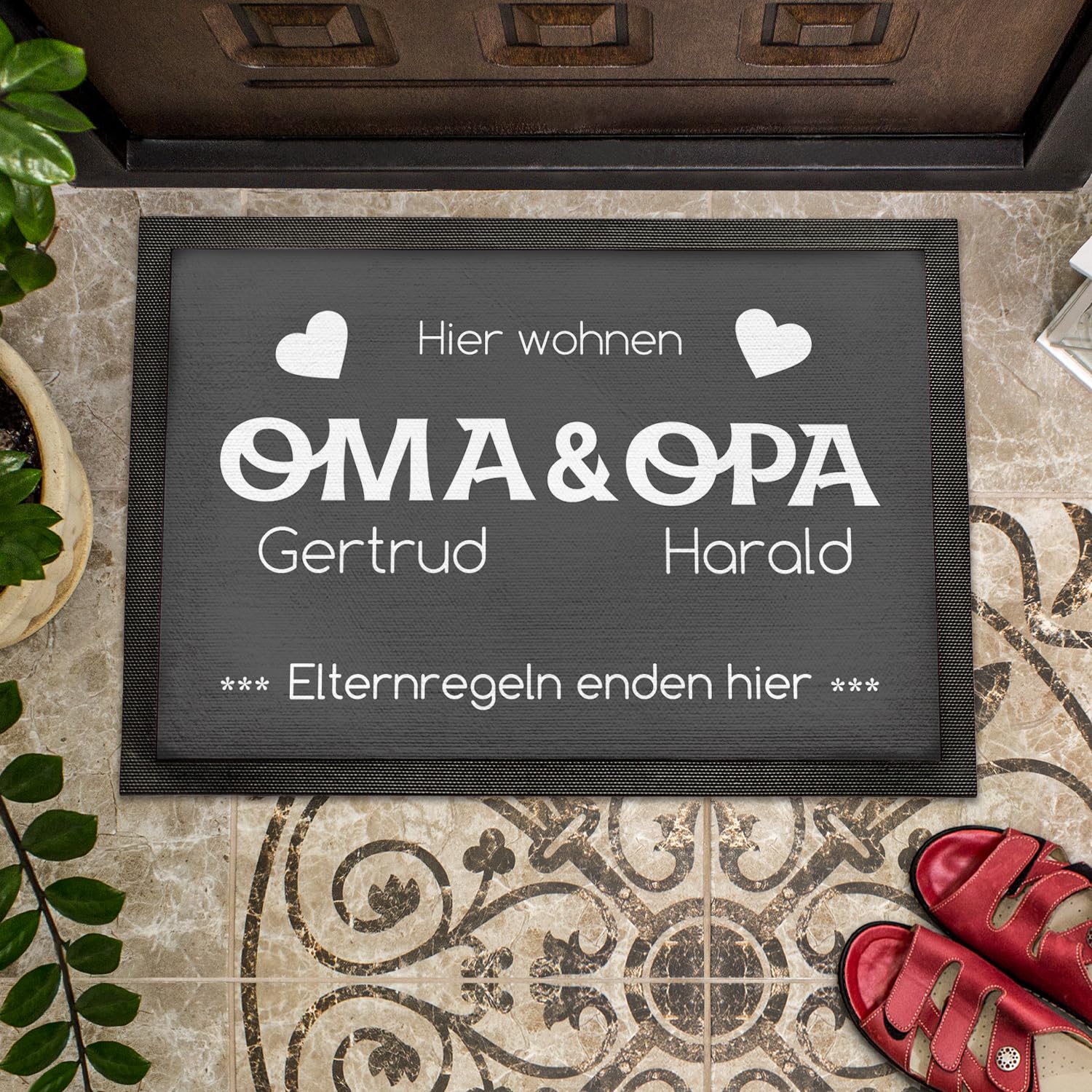 Fußmatte personalisiert Oma und Opa | Geschenk Oma und Opa Geburtstag | Elternregeln Enden Hier | Fussmatte mit Personalisierung | Schmutzfangmatte innen | Geschenkidee Großeltern | 75x50cm mit Rand