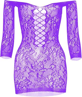 Womens Mini Fishnet Lingerie Dress Sexy Off The Shoulder Sleepwear Chemise Stretchy Bodysuit,One Size