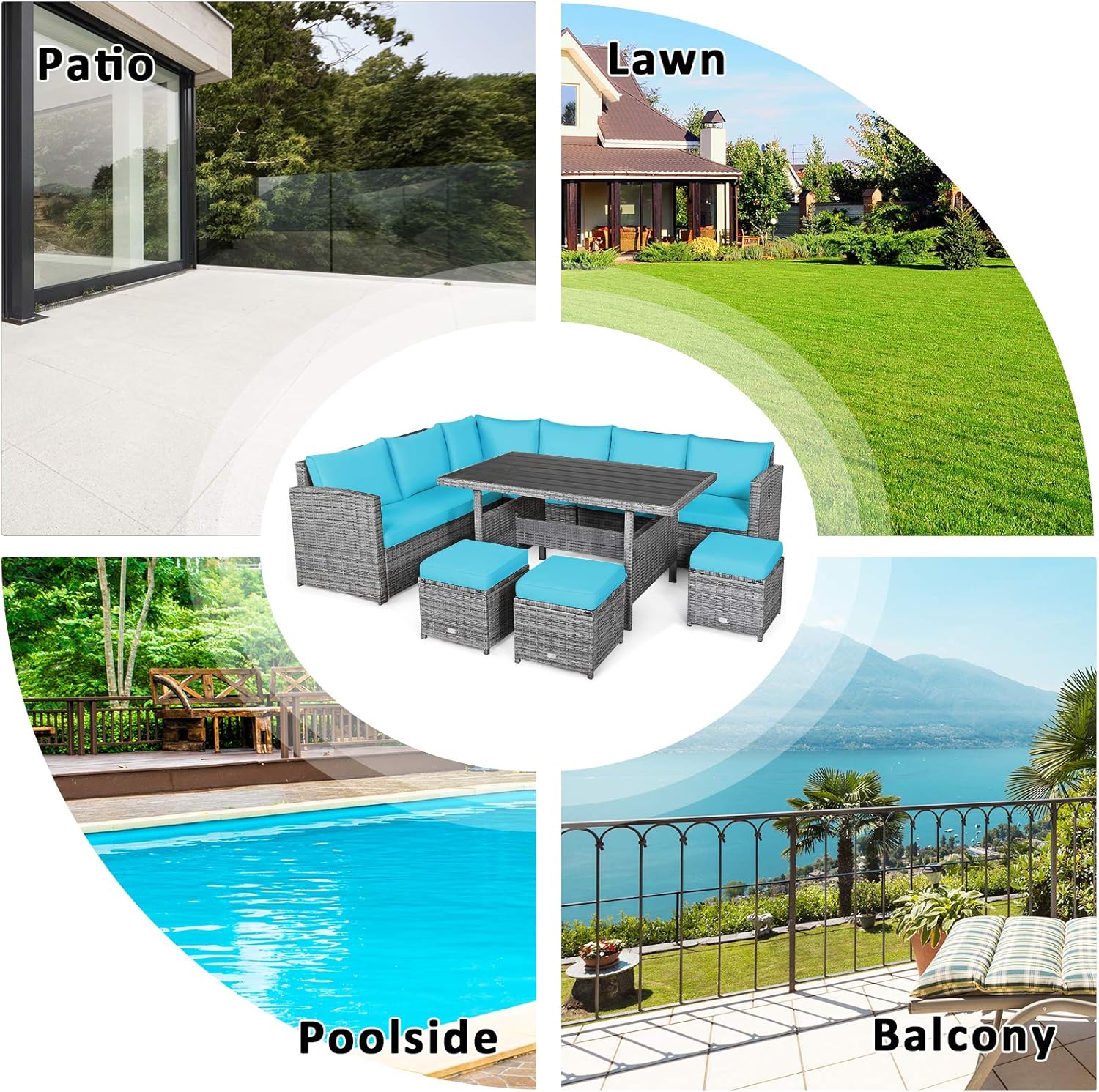COSTWAY 7 PCS Wicker Outdoor Conversation Set, Patio Sectional Furniture Sofa Set with Table & Seat Cushions, Rattan Furniture Sets for Backyard Garden Poolside Porch, Turquoise