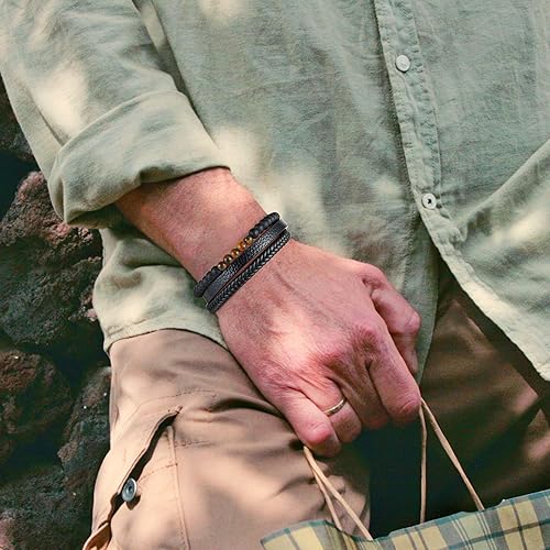 Miniatura 3 de Pulseras de cuentas de cuero para hombre, ojo de tigre natural, piedra de lava, cuentas de piedra de roca de lava, cierre magnético, pulseras de