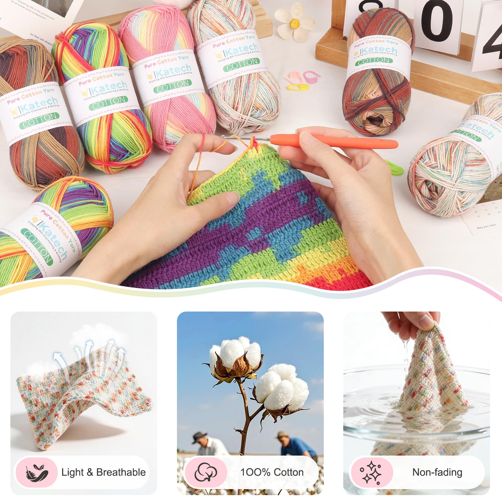 Katech 1OO% Ombre Cotton Yarn for Crocheting - 2 Sport Weight Baby Yarn for Knitting - 6 Pcs of 50g(1.76oz)/160m(175yd), Fine Soft Multicolor Yarns for Baby Blankets, Afghans, Shawls, Dress, Hats (B) — view 3
