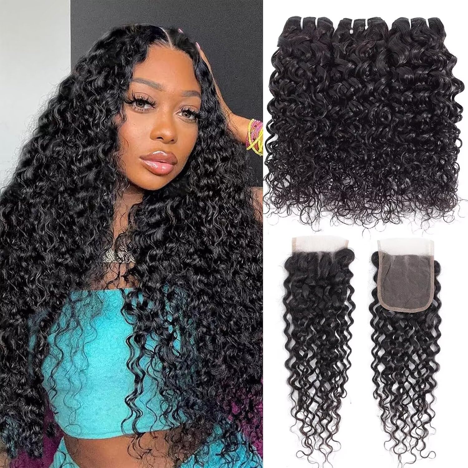 Paquetes de cabello humano rizado brasileño Water Wave Human Hair Bundles With Closure Natural Humano Cabello Humano Ondulado Color Negro Nnatural 3 Bundles total 330g 22 24 26+20 pulgadas
