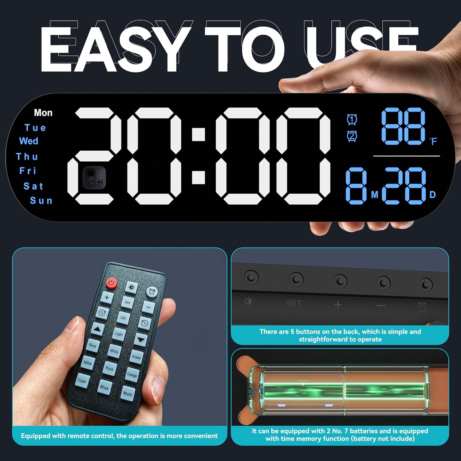 13.7 Inch Large Wall Clocks, Kitchen Wall Clock with Remote Control RGB Night light Automatic Brightness Dimmer Dual Alarm Date Week Temperature, Wall LED Clock for Bedroom, Decor, Gift, 2 Pack