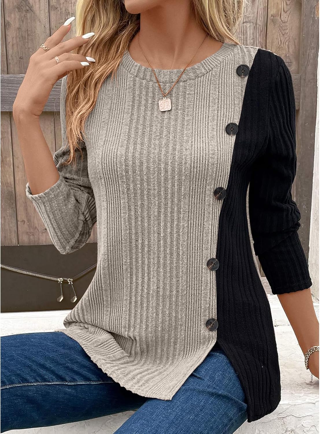 BAISHENGGT Tunic Tops for Women Dressy Casual Color Contrast Long Sleeve Blouse Crew Neck Streetwear T Shirts - Image 5