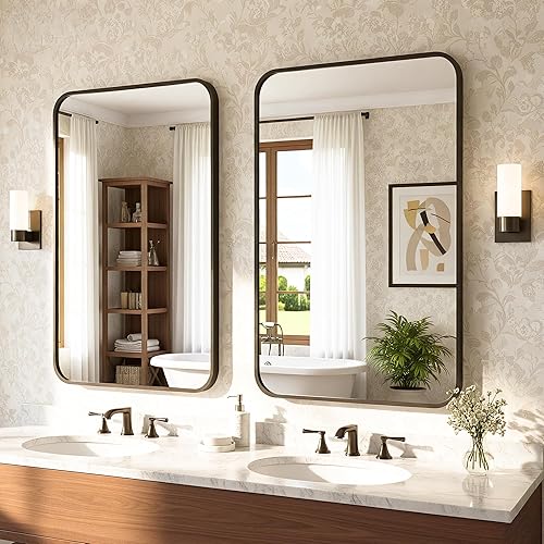 Antok Paquete de 2 espejos de baño, espejos de doble pared de 22 x 30 pulgadas, espejo decorativo, marco de aleación de aluminio, colgante