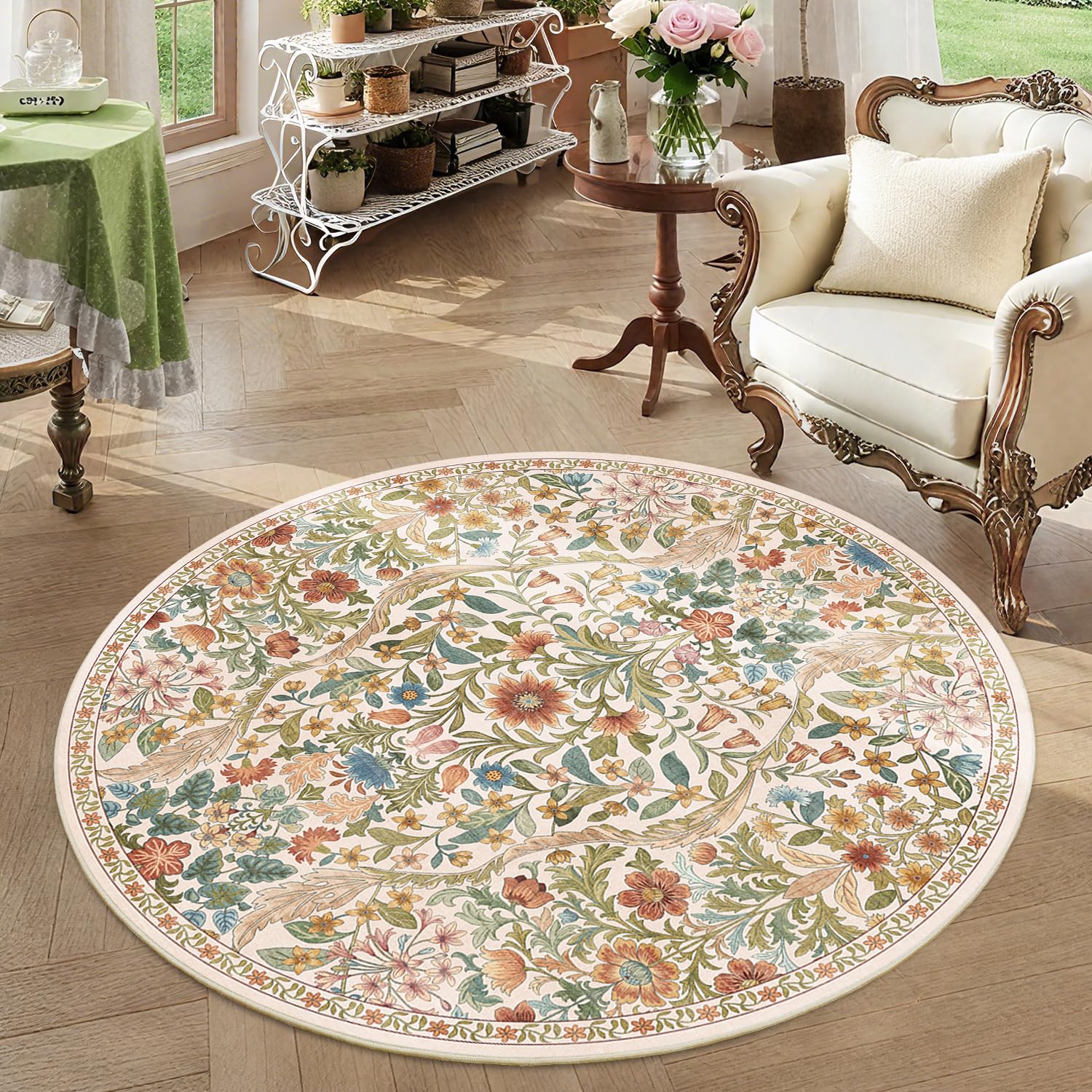 Round Rug 4ft Floral Circle Rug Beige Botanical Indoor Area Rugs