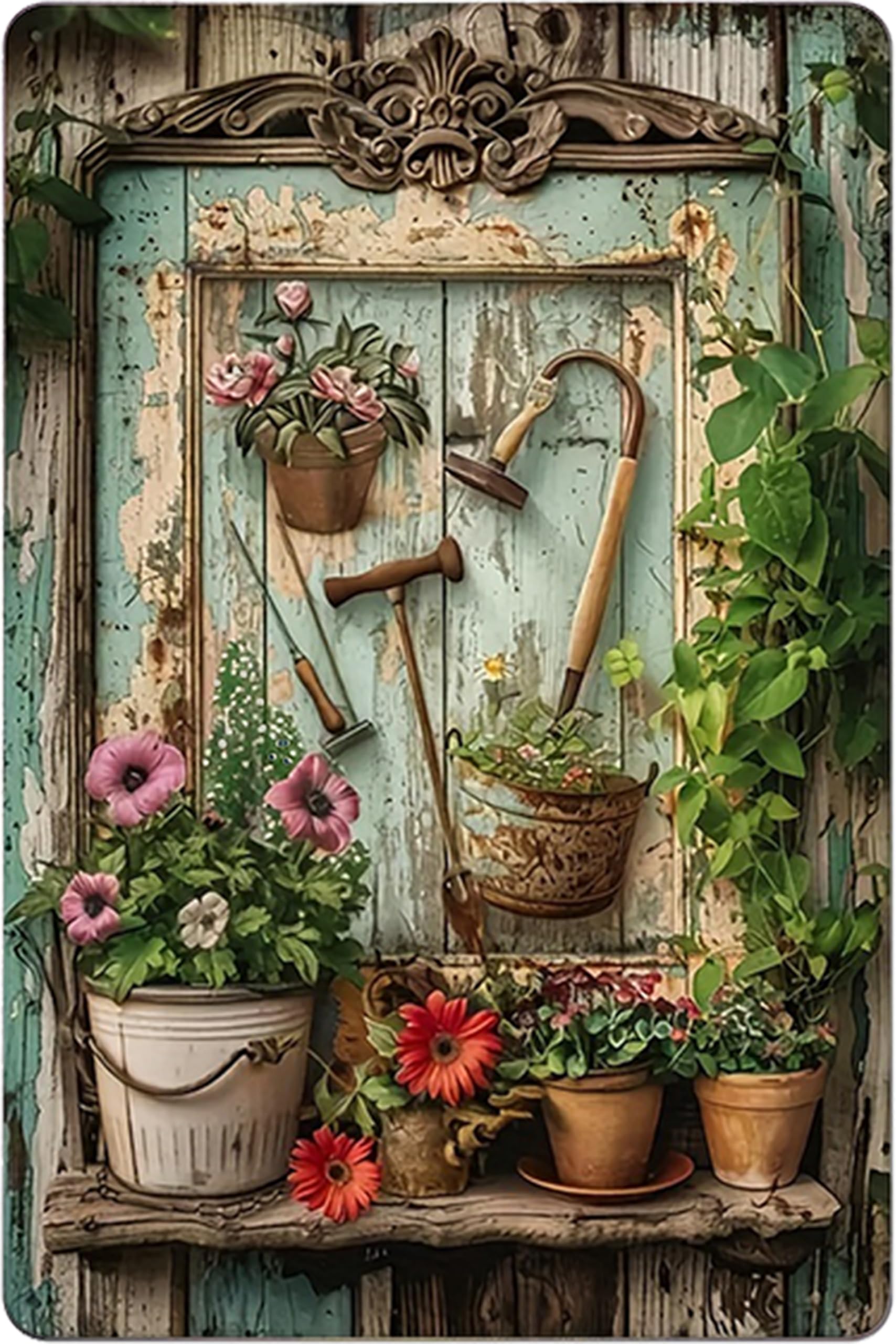 Vintage Garden Tin Sign,Retro Flower Metal Sign,for Home Greenhouse Yard Outdoor Cottage Bedroom Decor,Gardening Gifts 8X12 Inch (Vintage Garden Frame)