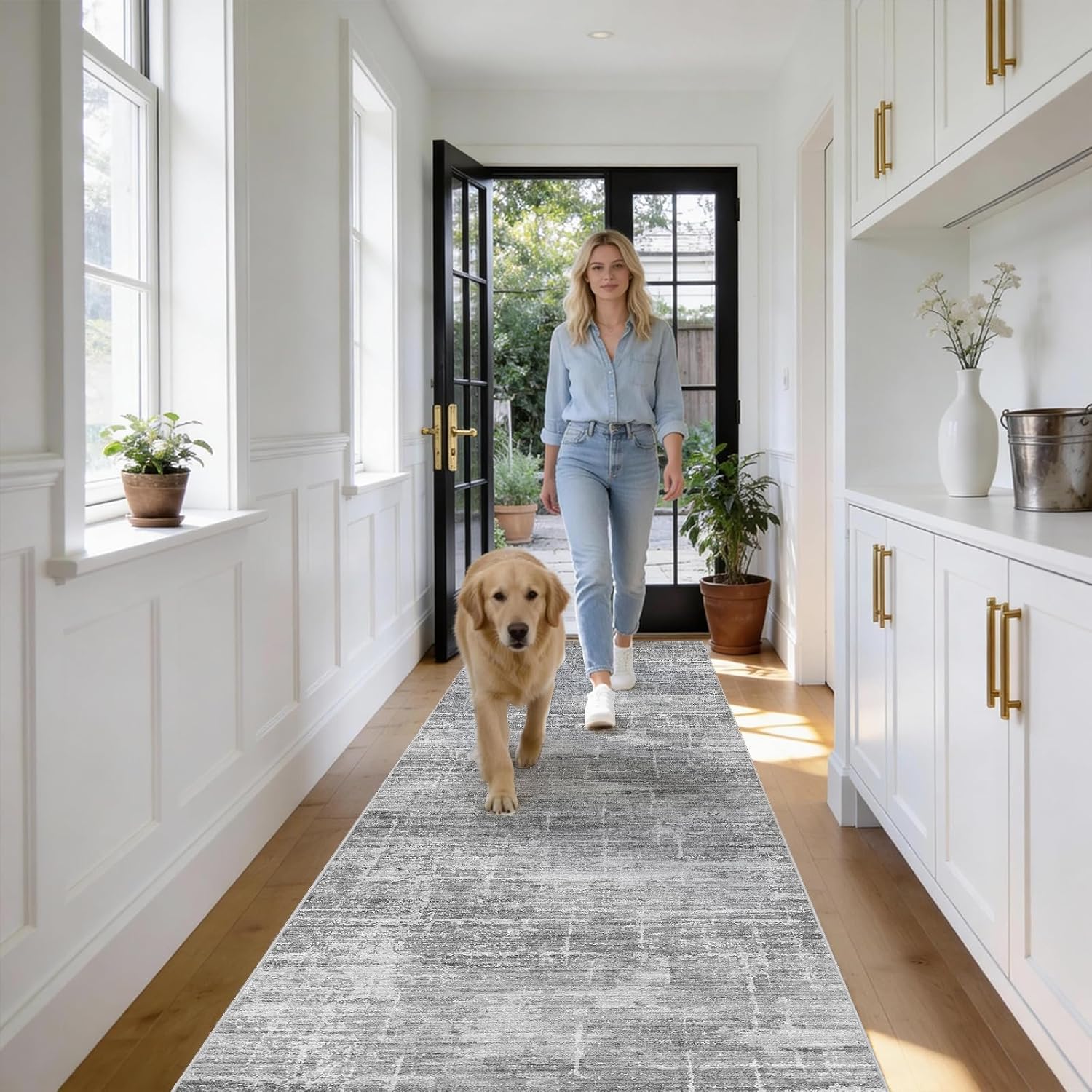 3x6 Washable Kitchen Runner Rug - Modern Abstract Neutral Carpet with Non-Slip Backing Low-Pile Stain-Resistant Thin Runners for Hallway Bathroom Bedroom Entryway (3x6, Beige)