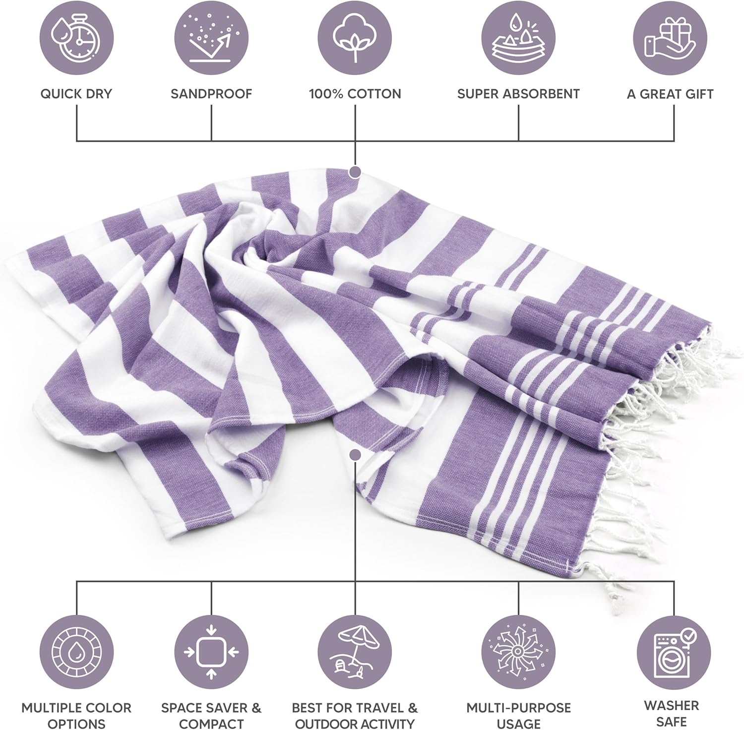 Utopia Towels - 4 Pack Turkish Beach Towel (40 x 72 Inches) - 100% Cotton Oversized Sand Free Quick-Dry Turkish Towel, Prewashed for Soft Feel, Large Peshtemal Towel (Grey, Navy, Purple, Buff)