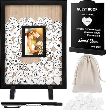 Wedding Guest Book Alternatives, Rustic Wedding Guest Book Sign Reception Drop Box with 100 Wooden Picture Frame Hearts for Wedding Anniversary Birthday Party Black