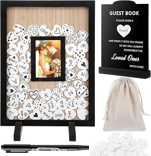 Wedding Guest Book Alternatives, Rustic Wedding Guest Book Sign Reception Drop Box with 100 Wooden Picture Frame Hearts for Wedding Anniversary Birthday Party (Black)