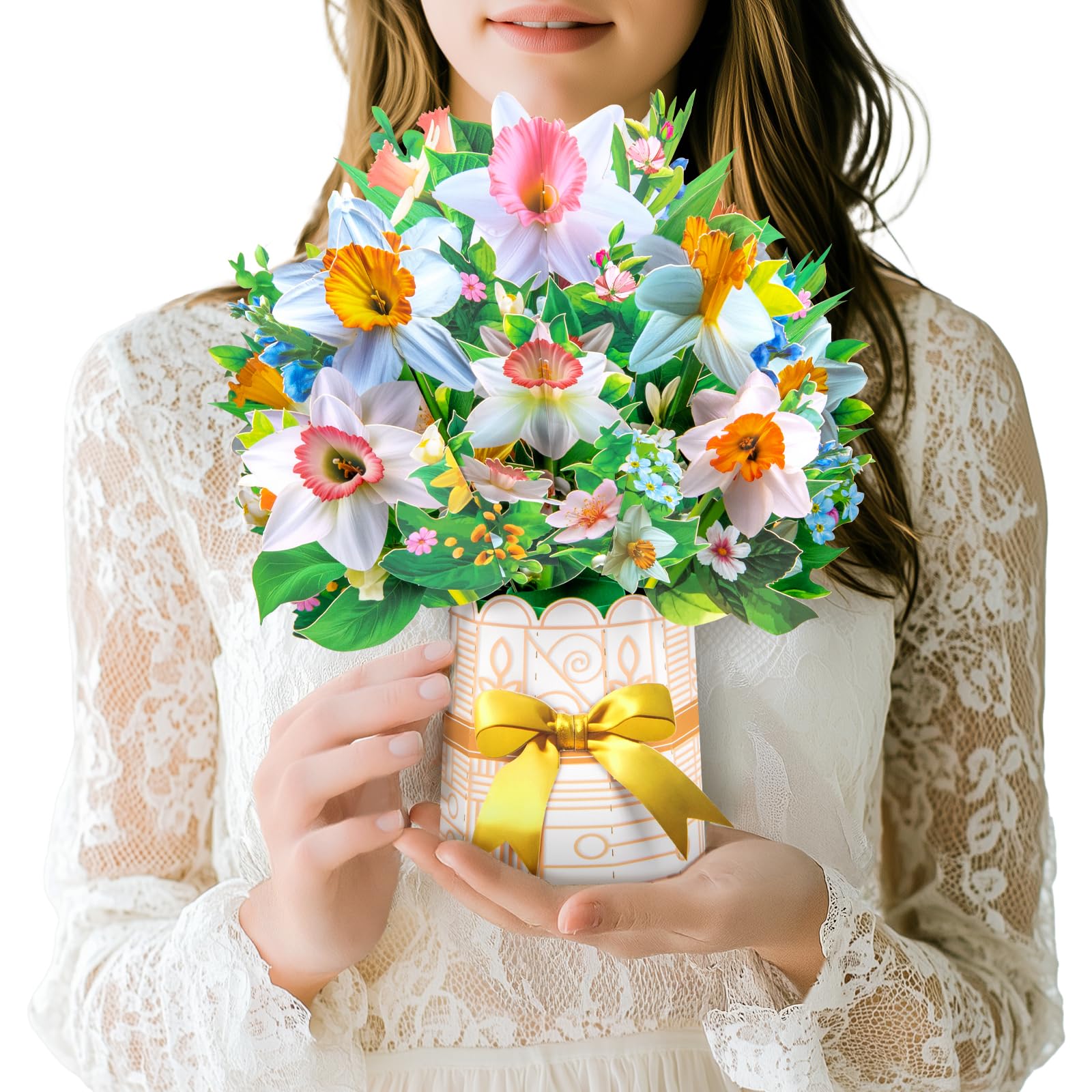 Daffodil Pop-Up Card, 3D Flower Bouquet Greeting Card with Envelope and Notecard, for Birthdays Mother's Day, Anniversaries