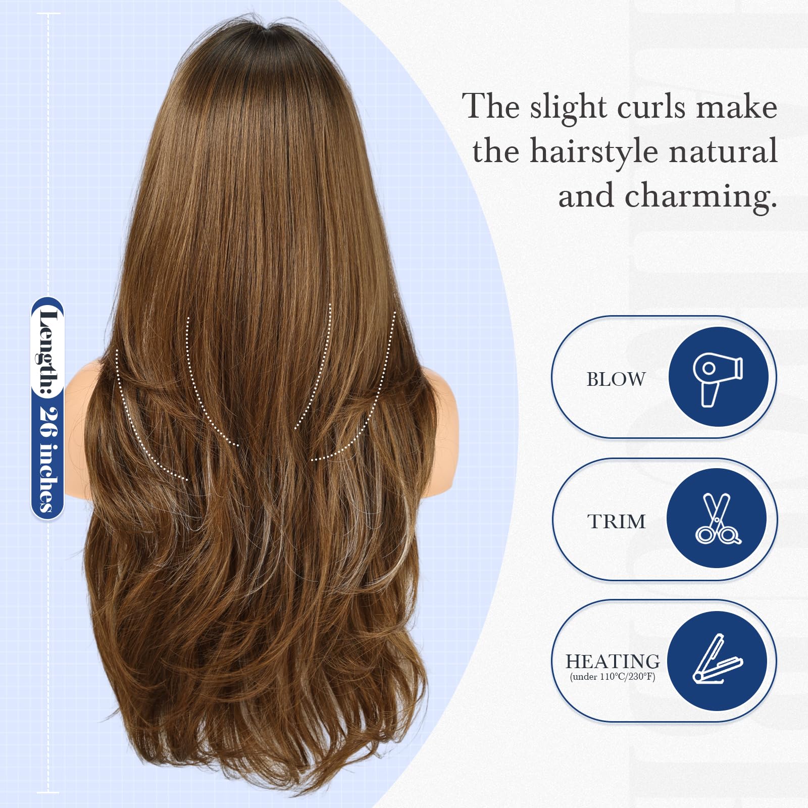 HAIRCUBE Long Ombre Brown con Highlight Parrucca con Bangs Perrucche ricce a strati per donne Parrucche sintetiche naturali per uso quotidiano (pelucas de cabello naturale)