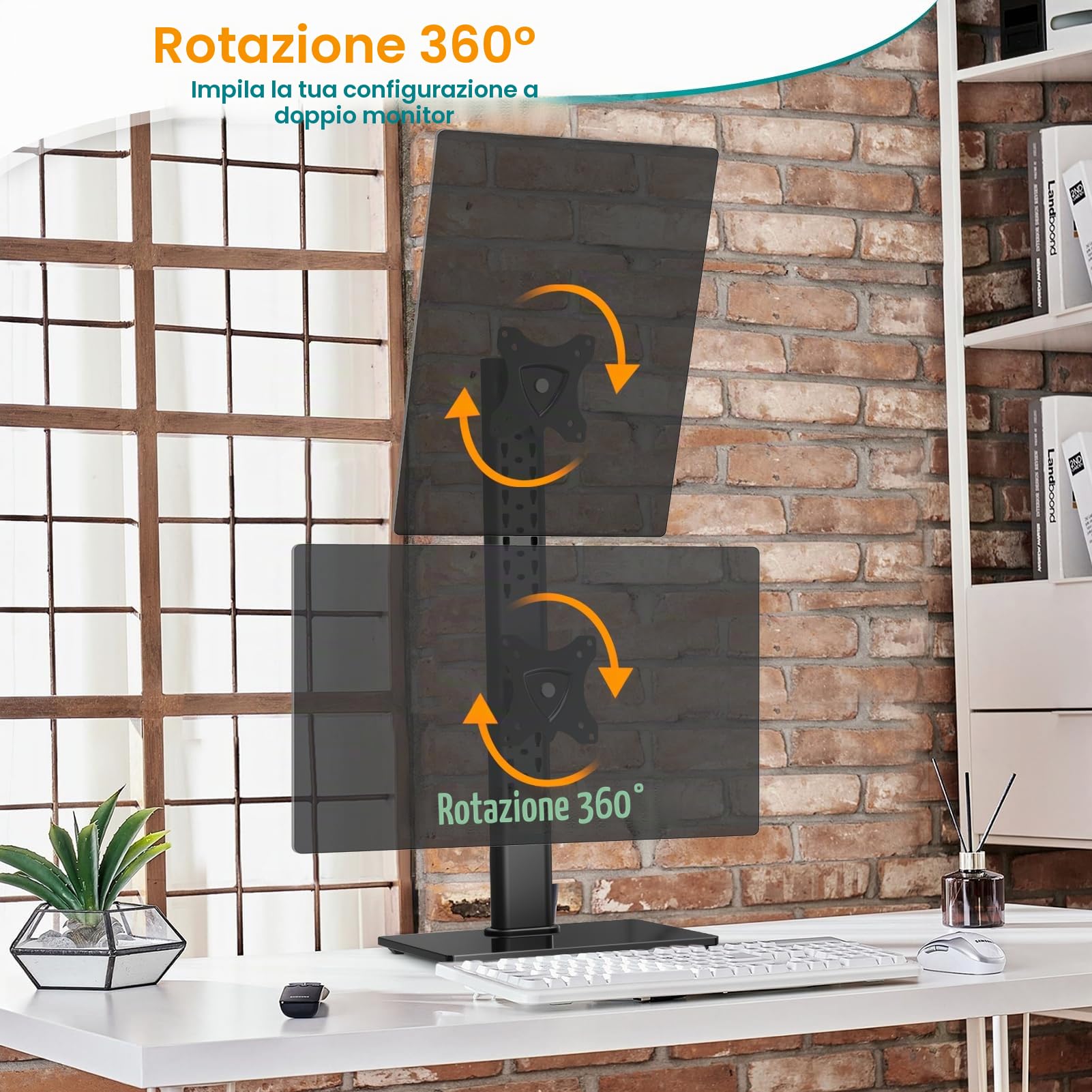 ELIVED Supporto doppio per monitor da scrivania, braccio verticale per monitor da 13-32 pollici con VESA 75 x 75/100 x 100 mm fino a 15 kg, rotazione a 360° regolabile in altezza supporto per monitor