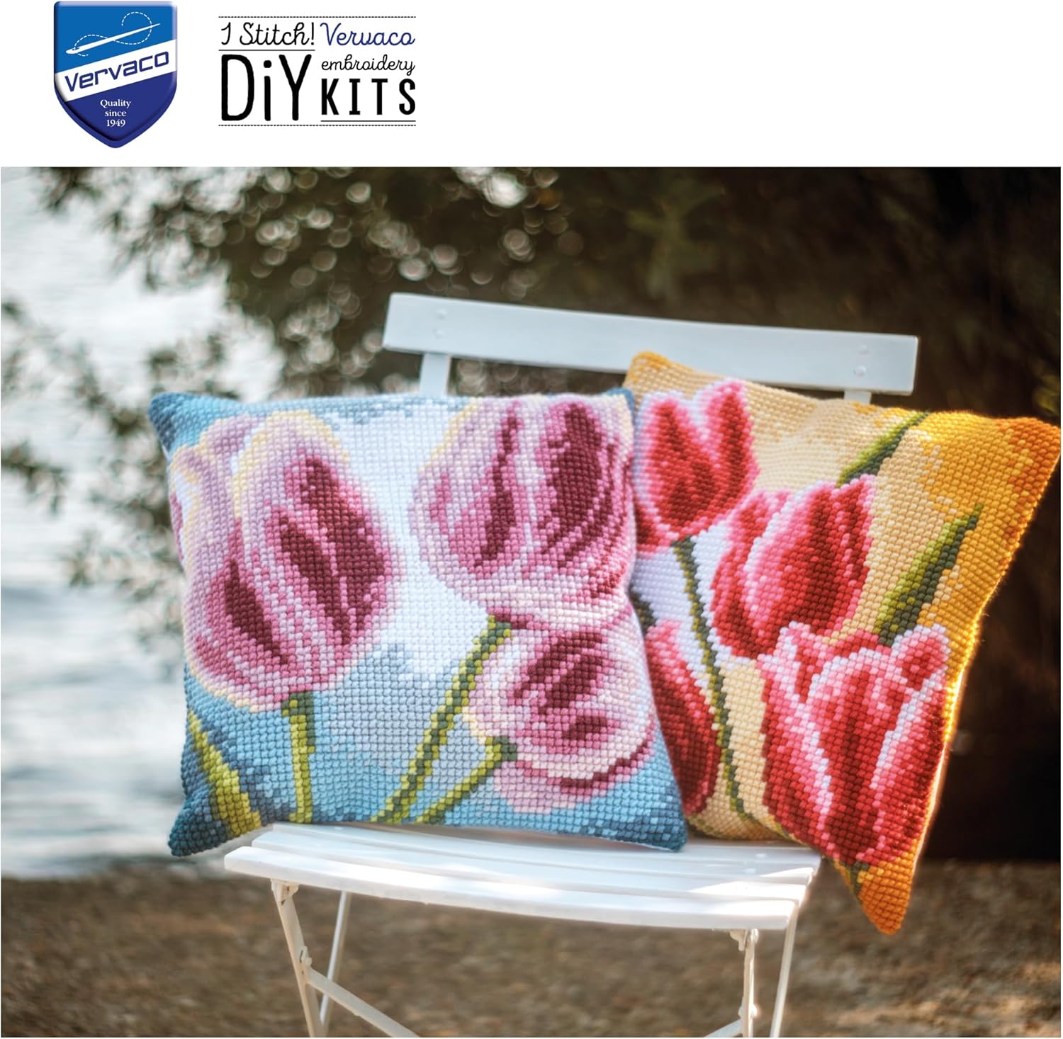 Vervaco Cross Stitch Embroidery Kits Cushion Embroidery Set Beginners Pre-Printed Tulips DIY Set Creative Set for Adults Decorative Cushion Approx. 40 x 40 cm Craft Set Craftsman Home Decoration