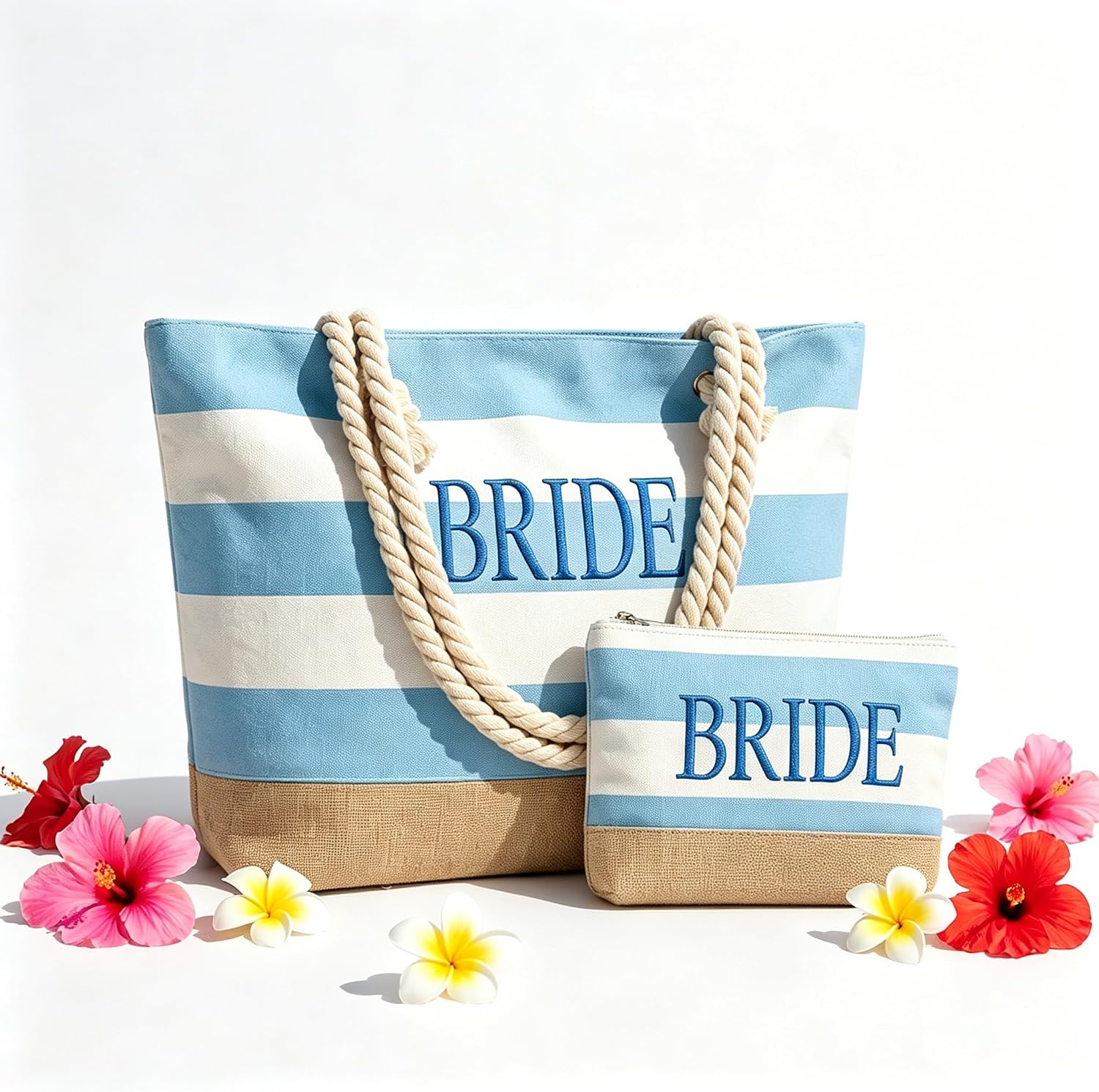 Bride Beach Tote Bag Bridal Shower Gifts Blue White Stripe Canvas Bags Wedding Rope Embroidered Bachelorette Honeymoon