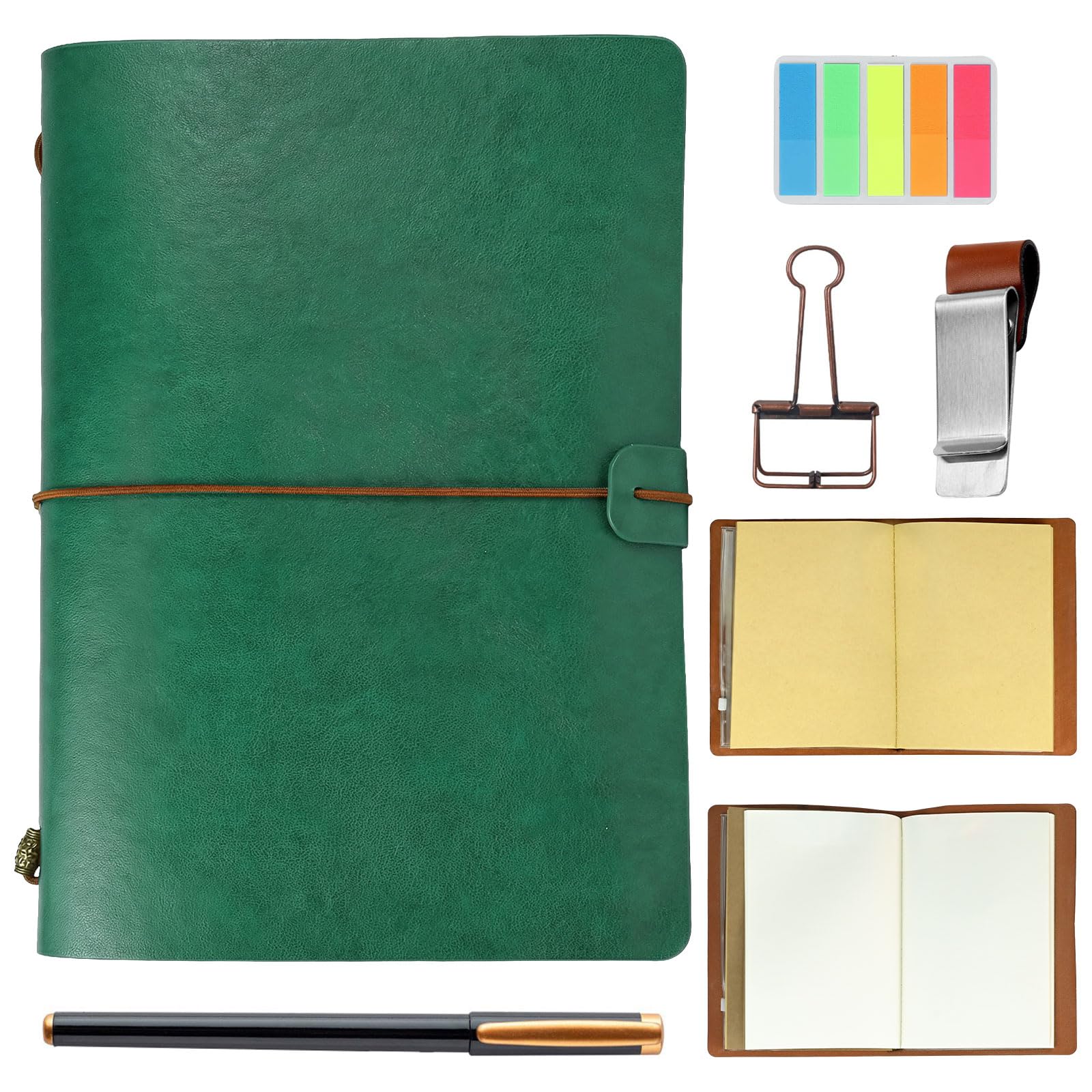 SIMDAO Leather Notebook Journal Set, Travel Journal for Men Women, Travelers Notebook with Blank Paper Kraft Inserts Pen Pen Clip Multi-function Pouch, Gifts for Men Women, (Green, A5)
