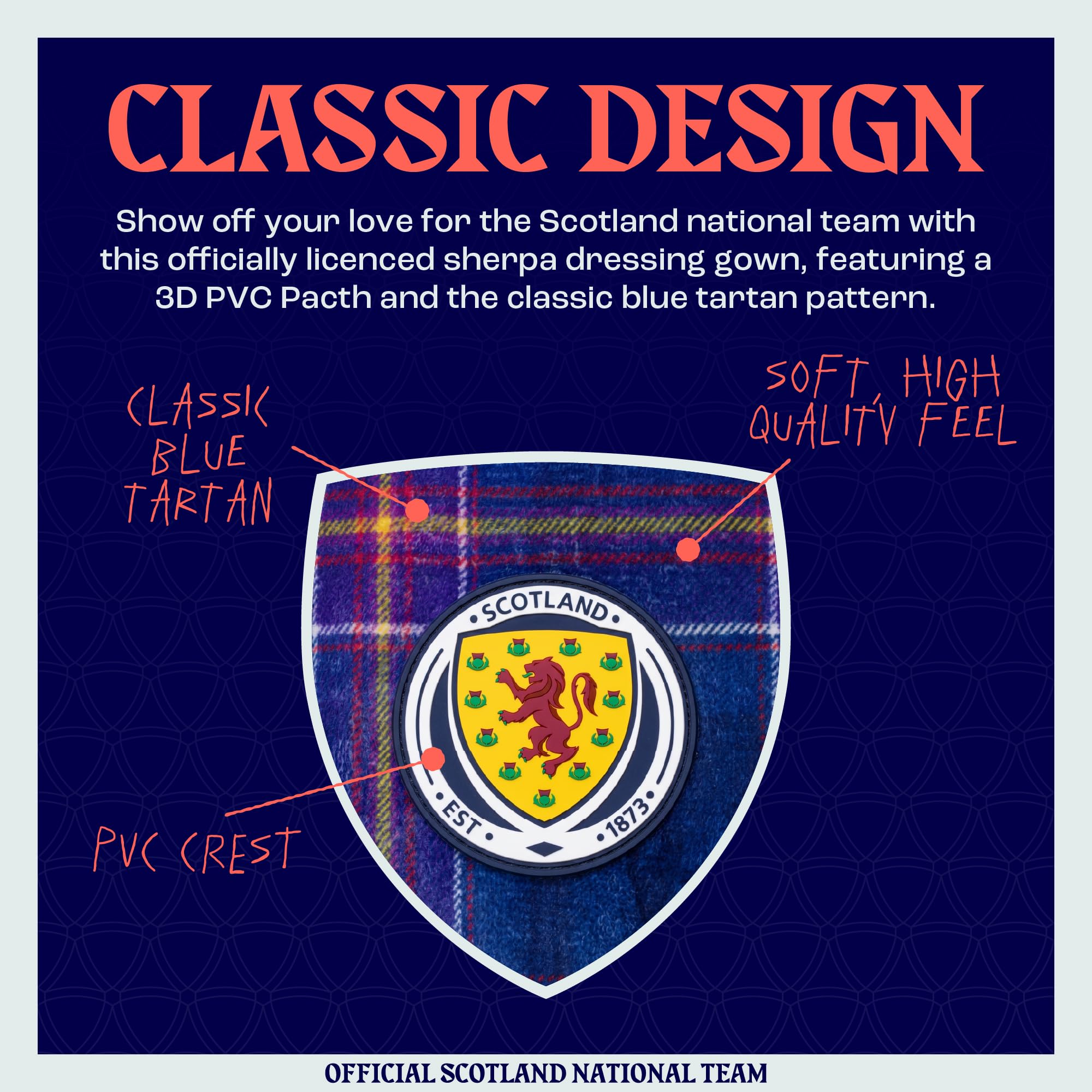 Accappatoio ufficiale della squadra nazionale scozzese da uomo – comodo accappatoio in pile Sherpa blu tartan con cappuccio per i fan dell'esercito tartan