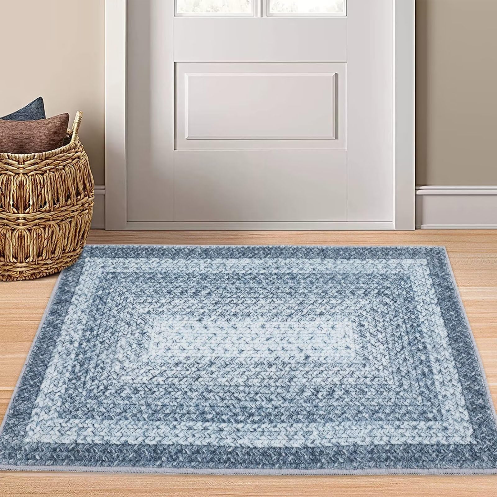 GlowSol Modern Rug 2x3 Small Throw Rugs Indoor Soft Area Rug Braided Distressed Floor Carpet Non Slip Entryway Rug Non Slip Non Shedding Home Decor Rug for Bedroom Living Room Thick Floor Cover, Blue