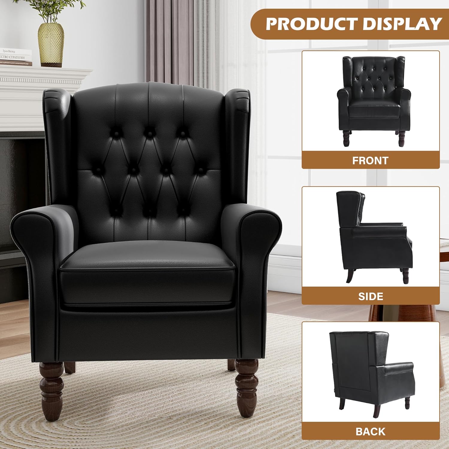 Mid-Century Modern Wingback Accent Chair - Luxe PU Faux Leather Upholstery with Solid Wood Legs, Ergonomic High Back Design - Water Resistant Living Room, Bedroom & Home Office Chair (Black)