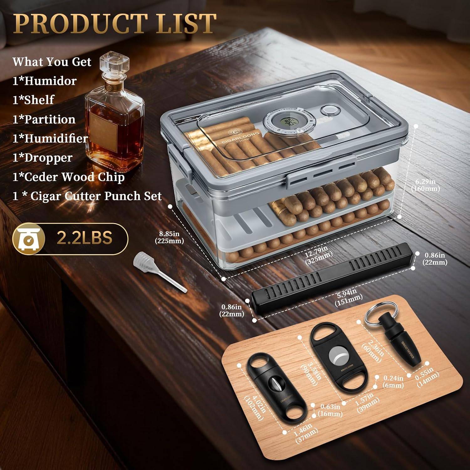 Cigar Humidor, Acrylic Humidor Cigar Box, Handheld Large Capacity Moisturizing Box with Digital Thermo-Hygrometer, Humidifier, Cigar Cutter 3 Piece Set, Portable Travel Case, Cigar Gift for Men