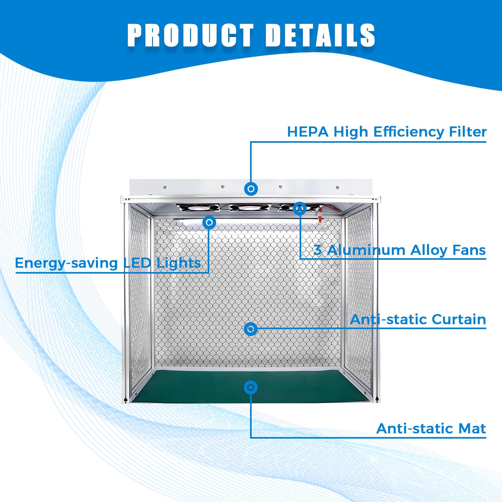 Cabina de flujo laminar vertical de aluminio, filtración vertical HEPA, área de trabajo de 66x30x58 cm, refrigeración con triple ventilador para un entorno de trabajo limpio y libre de polvo