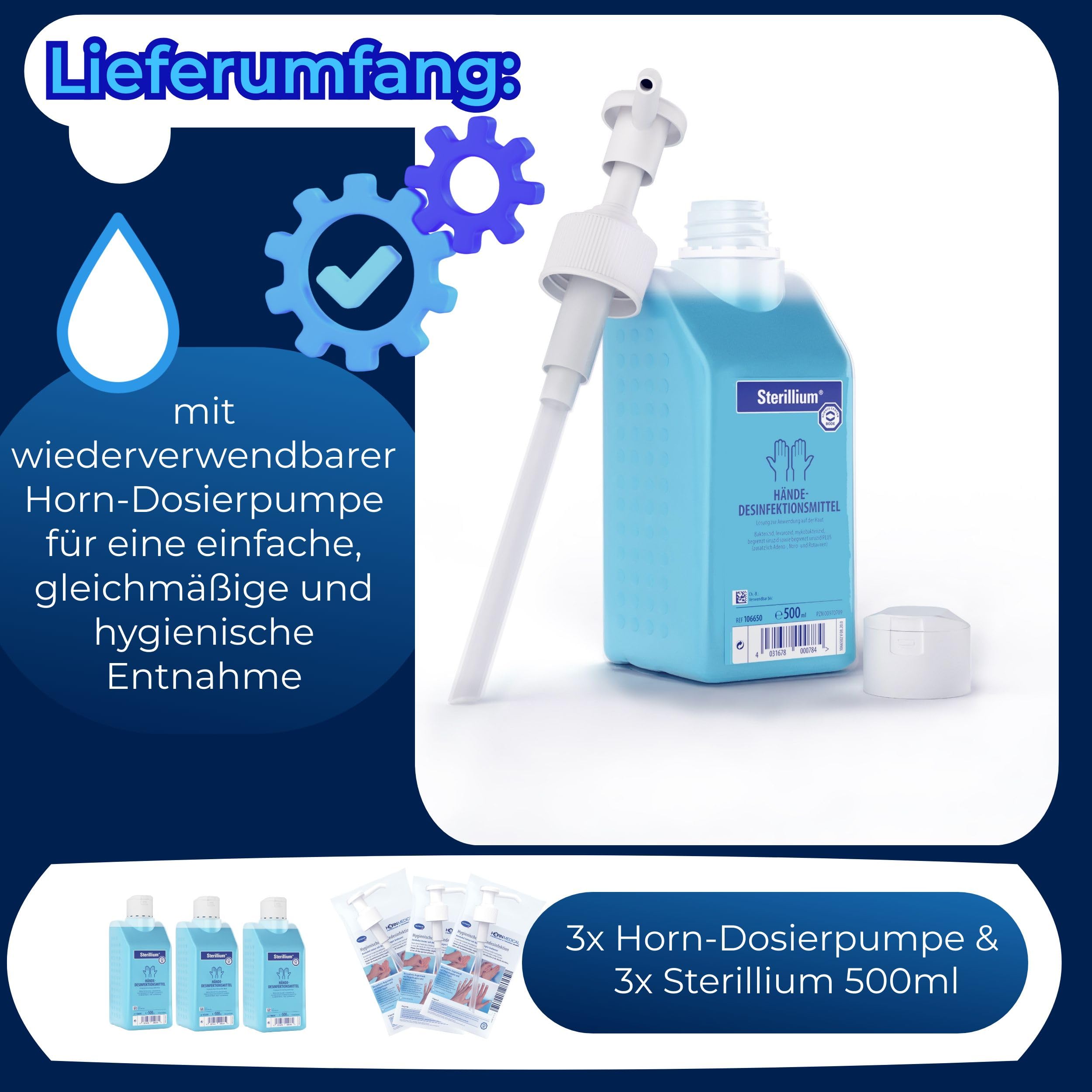 Dosierpumpen (3 Stück) mit Sterillium Händedesinfektionsmittel (3 x 500 ml)