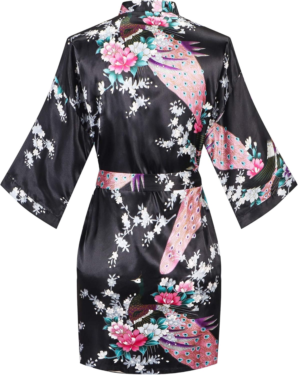 Women's Short Kimono Robes Bride and Bridesmaid Satin Floral Bathrobe Peacock Sleepwear Dressing Gown for Wedding Party