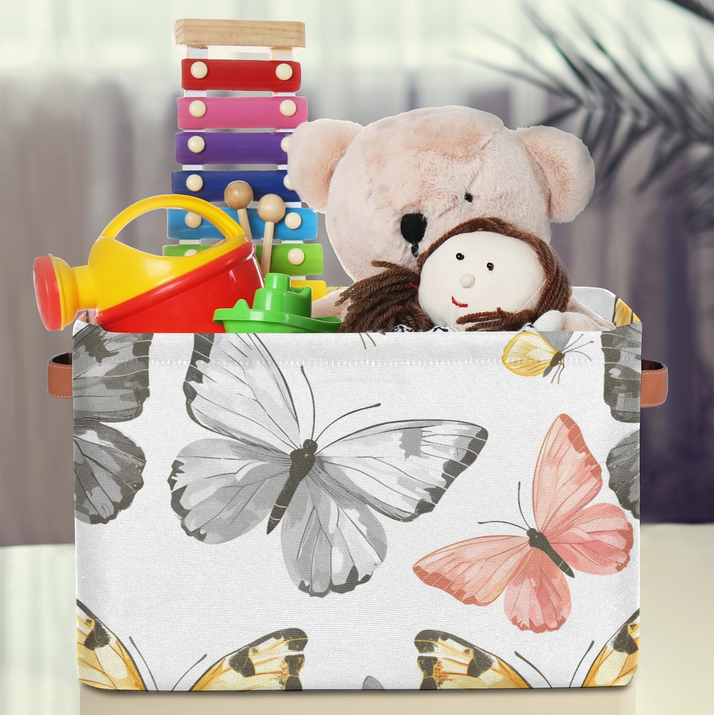 Cute Storage Bins for Organization, Canvas Book Storage Bins Handles, Bedroom Shelves Decorative Baskets for Organizing, Fabric Cube Bin Classroom Dorm Closet Organizer Box (Butterflies)