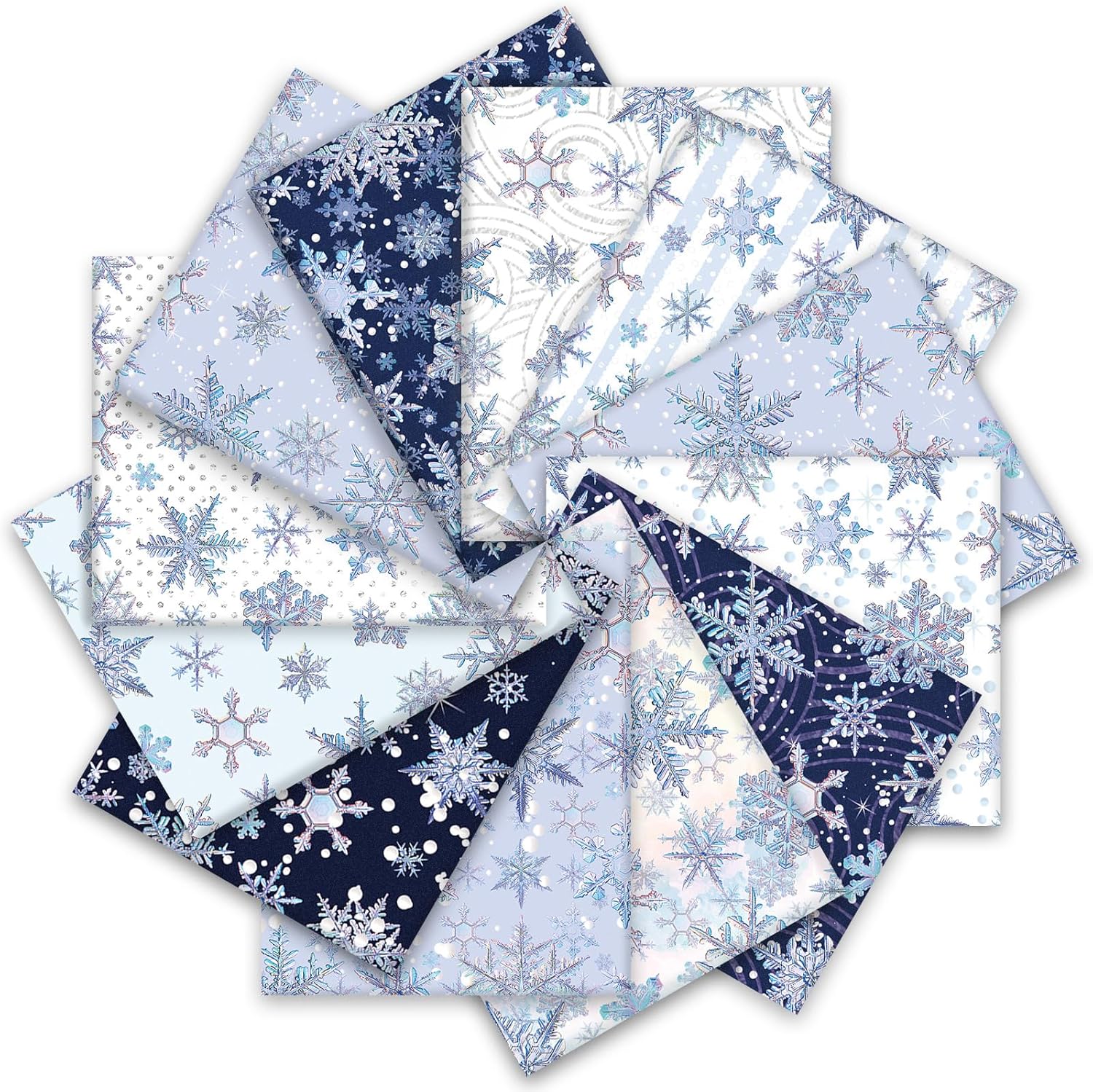 Whaline 12Pcs Snowflake Cotton Fabric Bundles Blue Purple Snowflake Fat Quarter Xmas Winter Quilting Patchwork for Winter DIY Handmade Sewing Crafting, 18 x 22 Inch