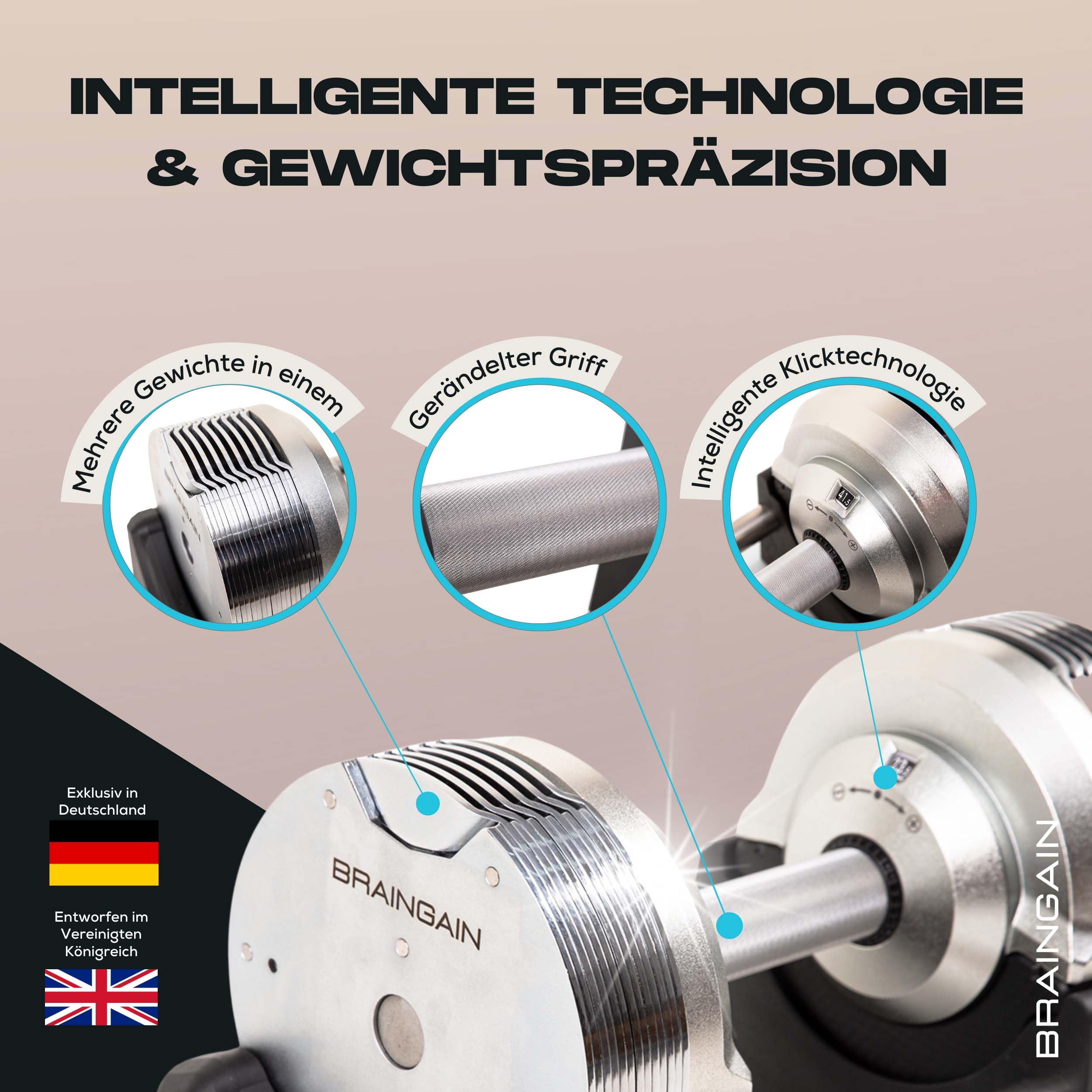 BRAINGAIN Verstellbare Kurzhantel Set 23,5kg / 32,5kg / 41,5kg – Jetzt mit 34mm Gen 4-Griff – Gewichte in 1 Sek wechseln – Platzsparendes Homegym – Mehrere Gewichte in einem – Chrom/Schwarz