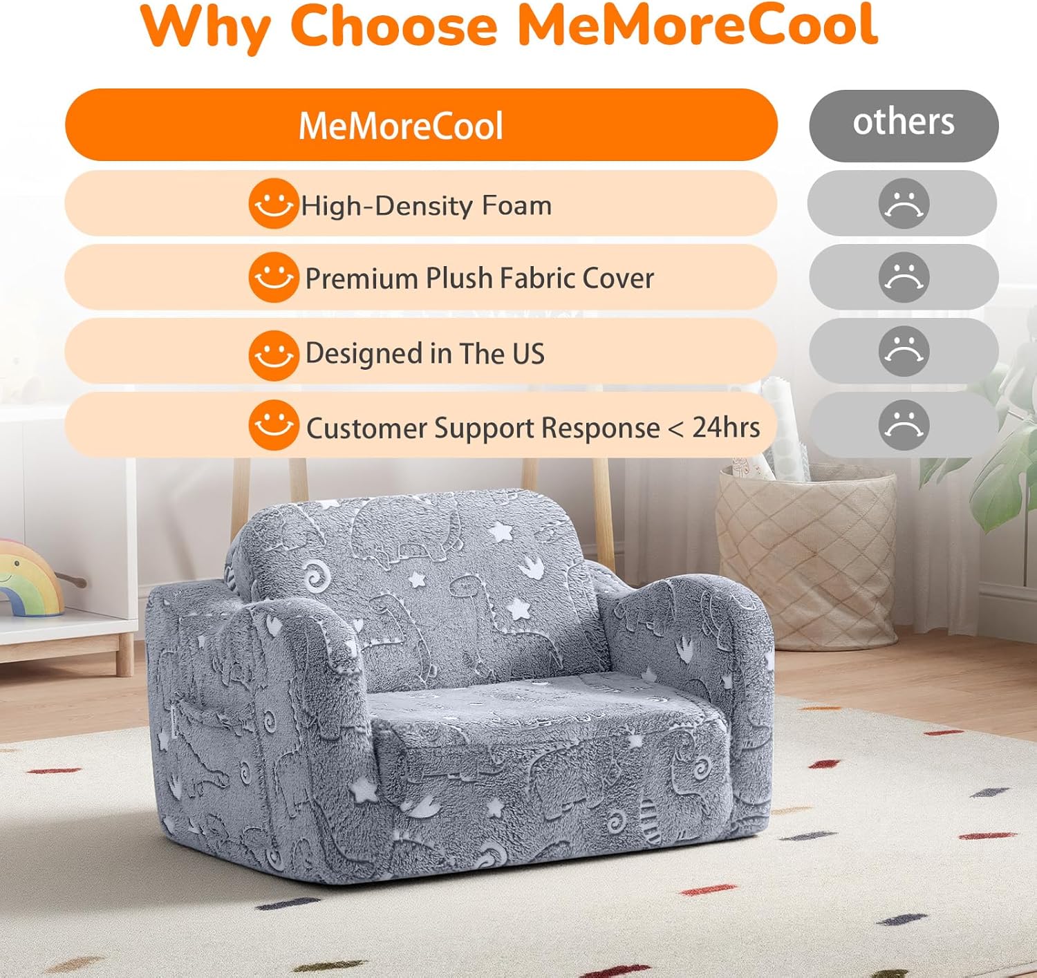 MeMoreCool Glow-in-the-Dark Dinosaur Kids Couch, 2-in-1 Foldable Kids Couch and Sofa Chair for Playroom Nursery, Soft Foam Fold Out Lounger for Boys Ages 1-3, Washable Cover, Gray | Reading, Lounging