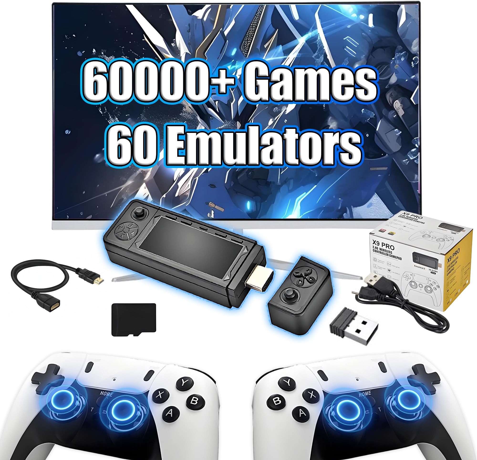 X9 Pro Retro Game Stick 4K HD Retro Gaming Console,60000+ Games 60 Emulators,Emuelec 4.3 System,Search Games,Retro Gaming Stick with 2.4G Wireless Controllers,Plug and Play Video Games for TV (256G)
