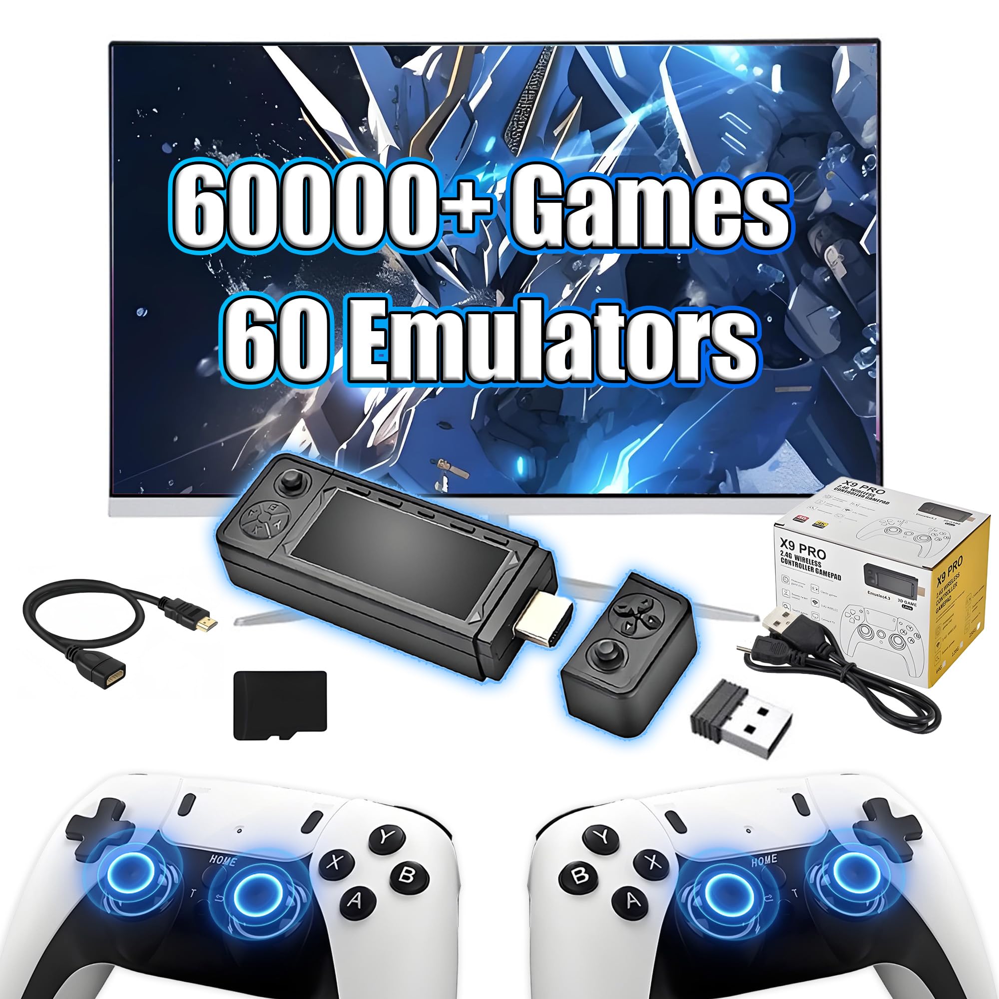 X9 Pro Retro Game Stick 4K HD Retro Gaming Console,60000+ Games 60 Emulators,Emuelec 4.3 System,Search Games,Retro Gaming Stick with 2.4G Wireless Controllers,Plug and Play Video Games for TV (256G)