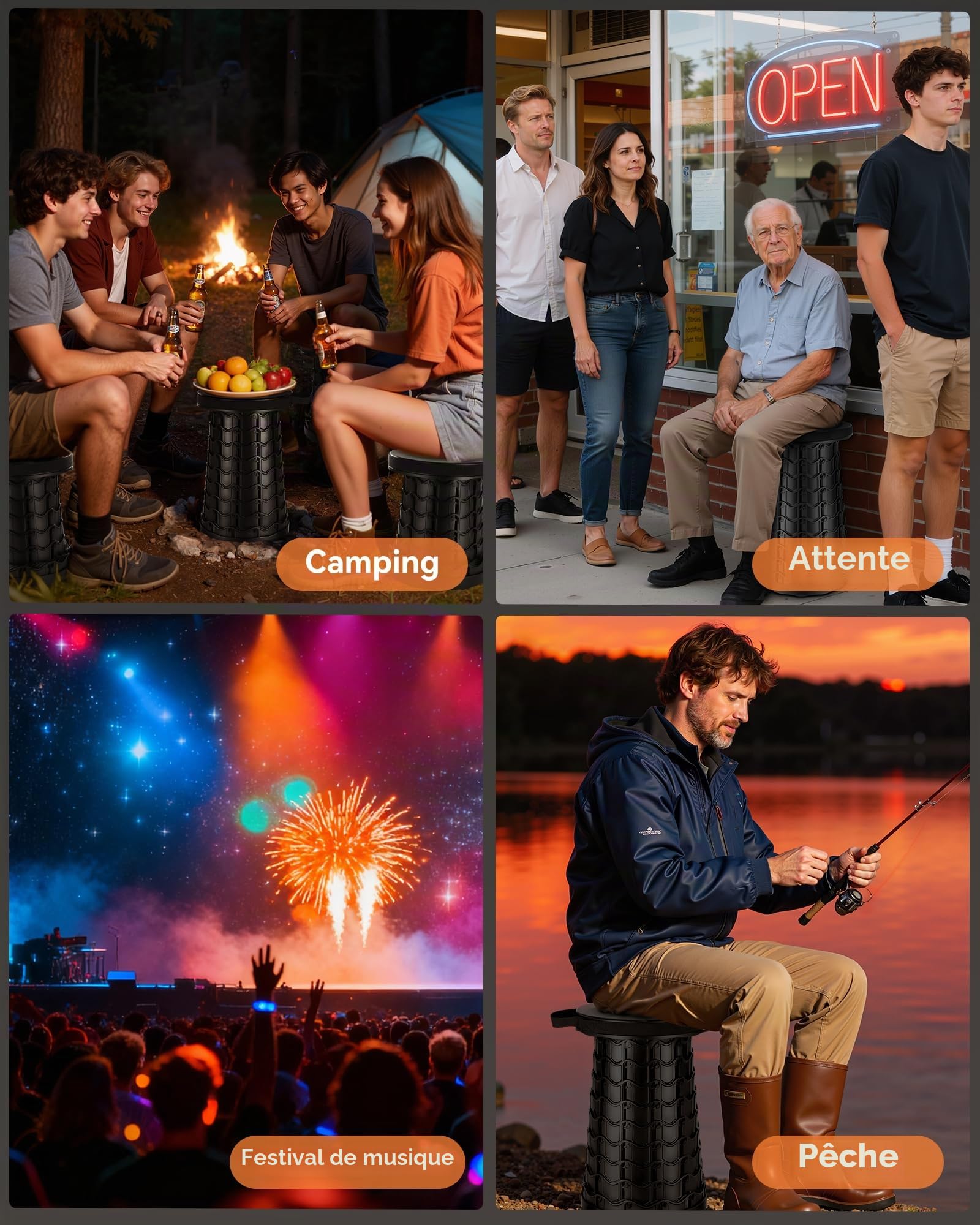 Portable Tabouret Pliant, Haut et Large Améliorés Tabouret Reglable en Hauteur pour l'Exterieur, Camping, Barbecue, Randonnée & Pêche
