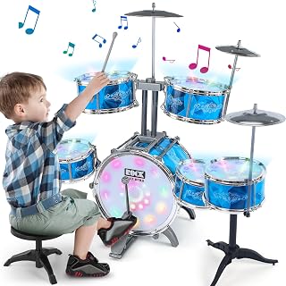 Drum Set for Kids Age 3-5-7 (17-Piece), Musical Toys for Boys Girls, Birthday for Kids, Drum Kit Instrument for Beginner Music Practice w/ 6 Lights, 6 Drums, 3 Cymbals (Bule-Boys)