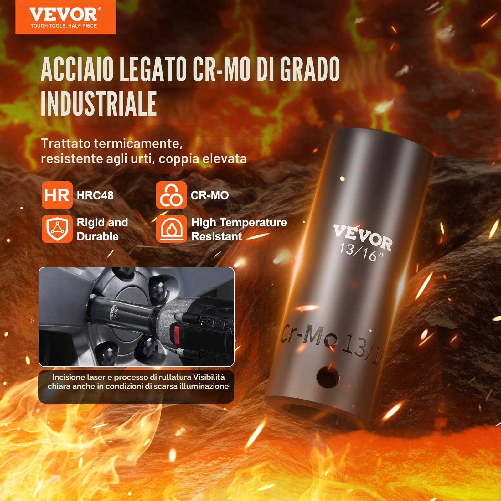 VEVOR Set di bussole per avvitatore a percussione da 3/8 e 1/2 pollici, Set di 59 bussole SAE da 5/16 a 1-1/4 pollici e metrico 6-32 mm, Acciaio legato Cr-Mo a 6 punti per riparazioni auto officina