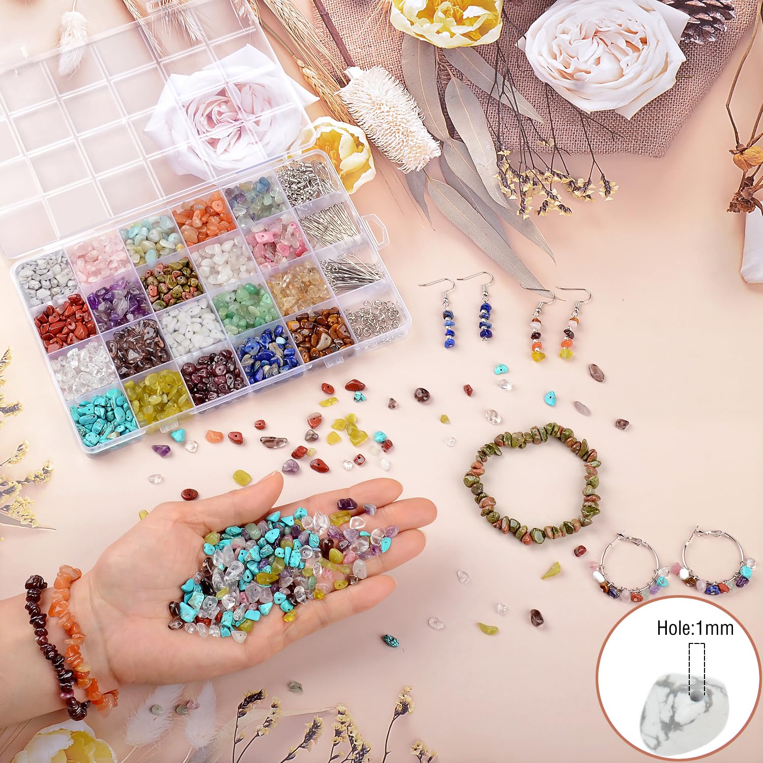 LPBeads Kit de fabricación de joyas, 1200 cuentas de cristal natural en 20 colores de piedras preciosas, anillos de salto, ganchos para aretes, pines, cuerda elástica para pulseras para niñas y