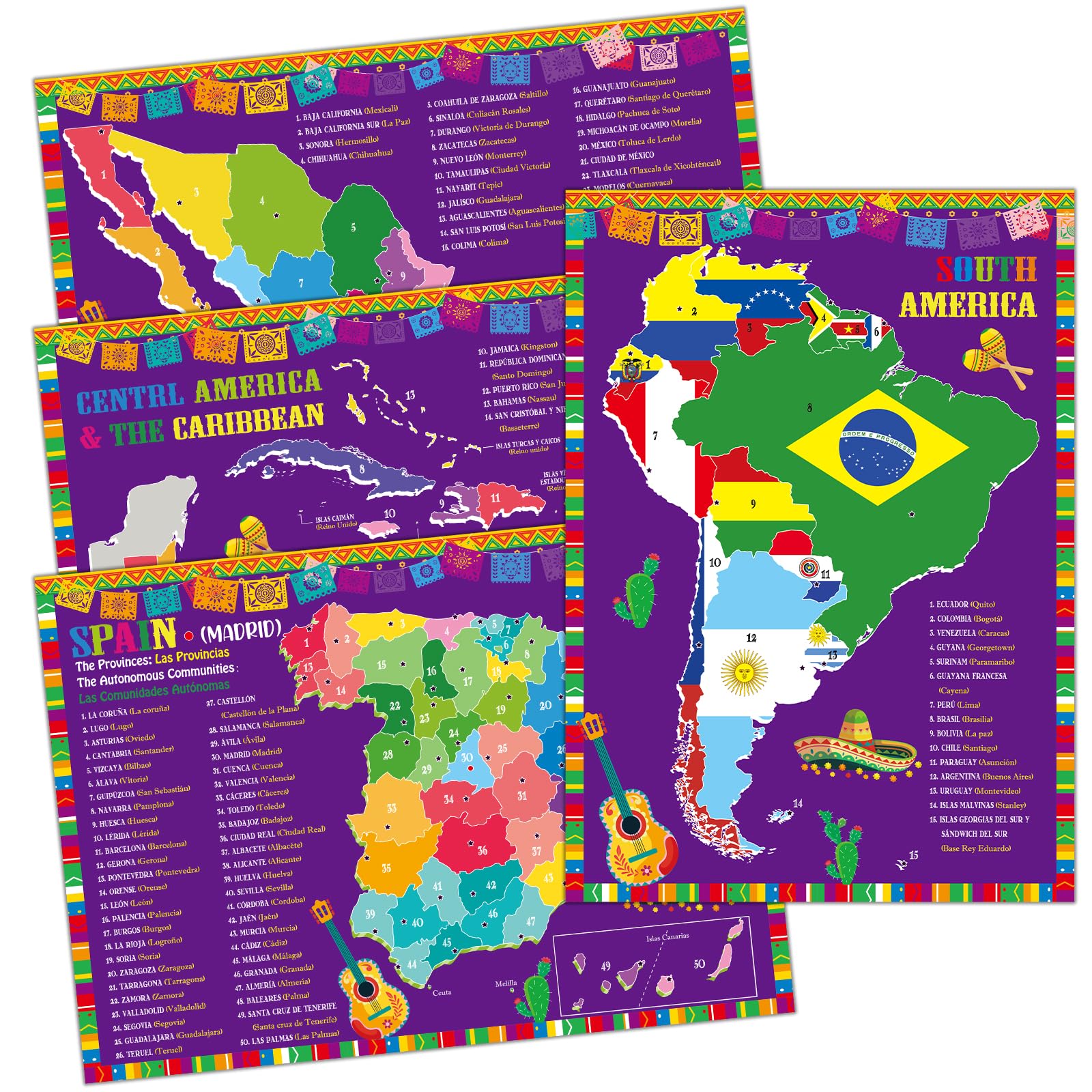 gisgfim 18 x 12 in Spanish Posters Spanish Language Country Maps Including Spain, Mexico, Central America, Caribbean, South America Spanish Classroom Decorations for Teachers Students