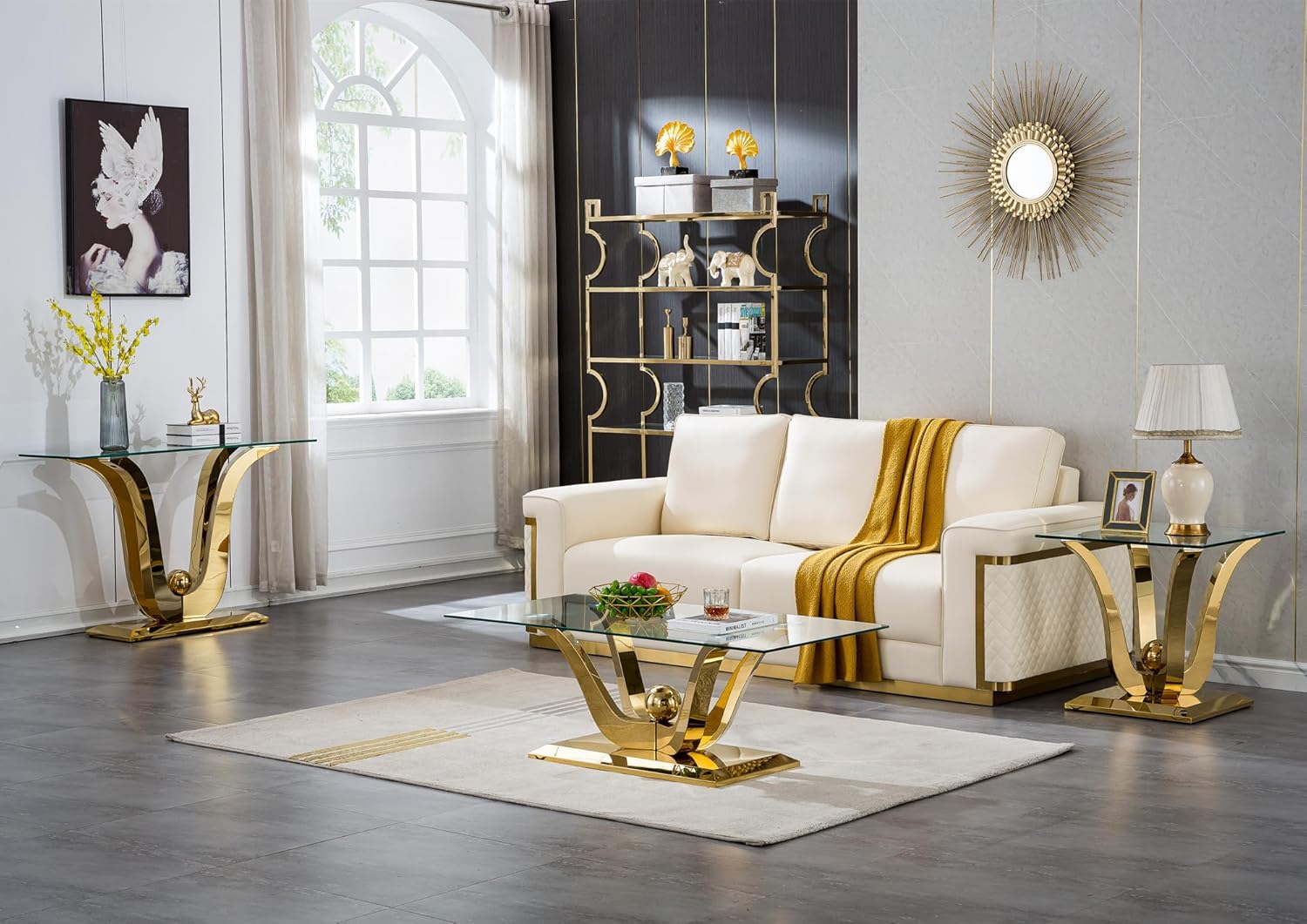 3-Piece Modern Gold Coffee Table Set - Glass, End & Console Tables with Floral-Shape Stainless Steel Pedestal Base
