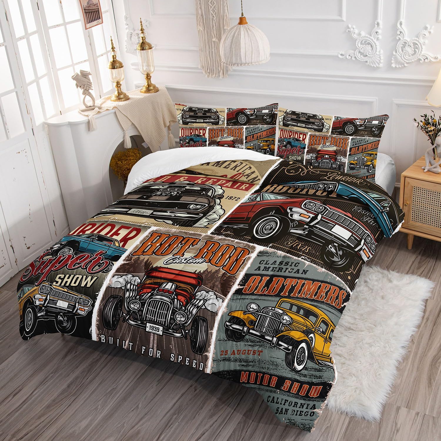 Race Car Comforter Set, Extreme Sport Game Vintage Car Sign Bedding Set with 1 Comforter and 2 Pillowcases for Teens Boys Bedroom All Season(Game Queen)