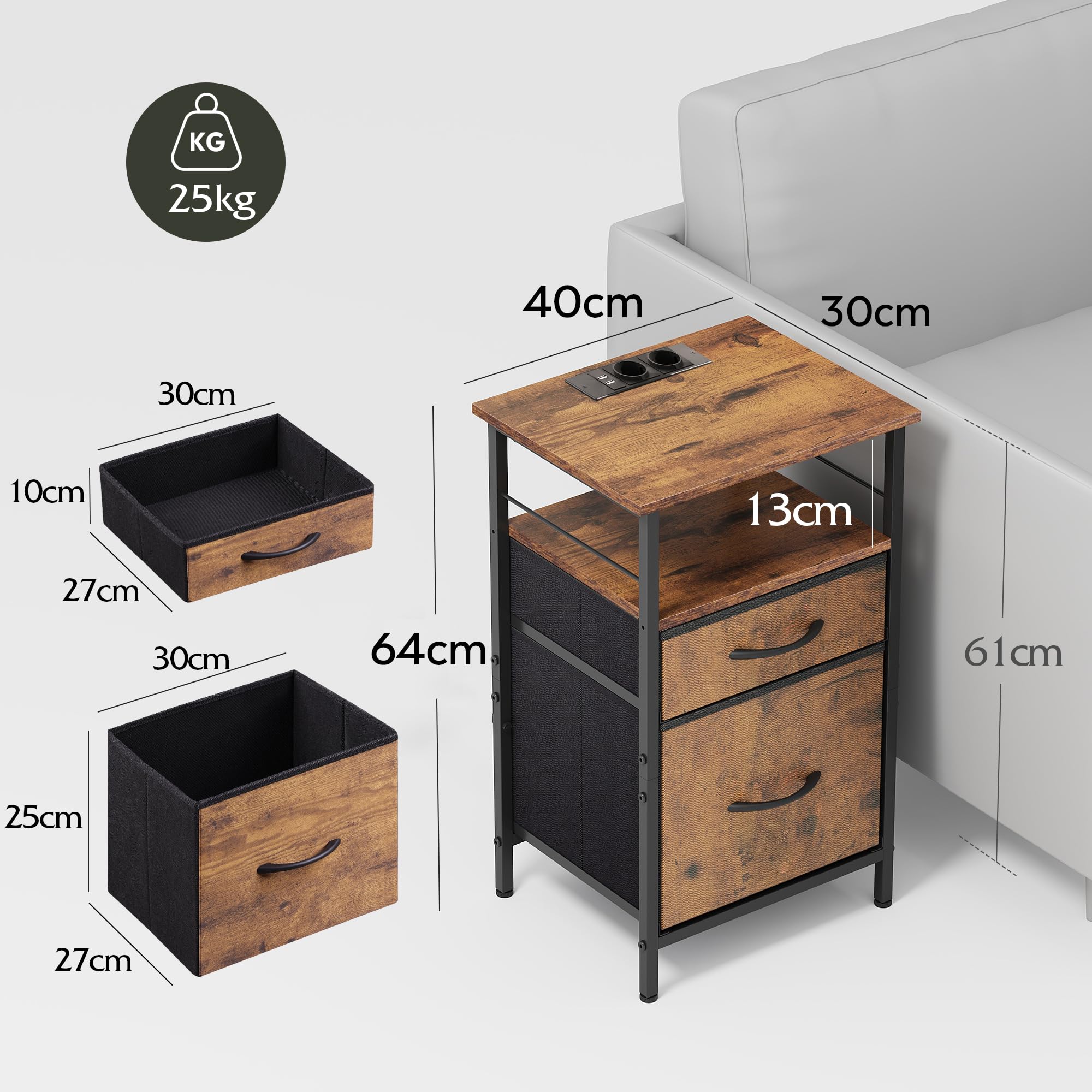 WLIVE Nachttisch mit Ladefunktion, Beistelltisch mit 2 USB-Anschlüssen & 2 Steckdosen, 3 Etagen Nachtschrank für Schlafzimmer, Wohnzimmer, Büro (Rustikal Braun)